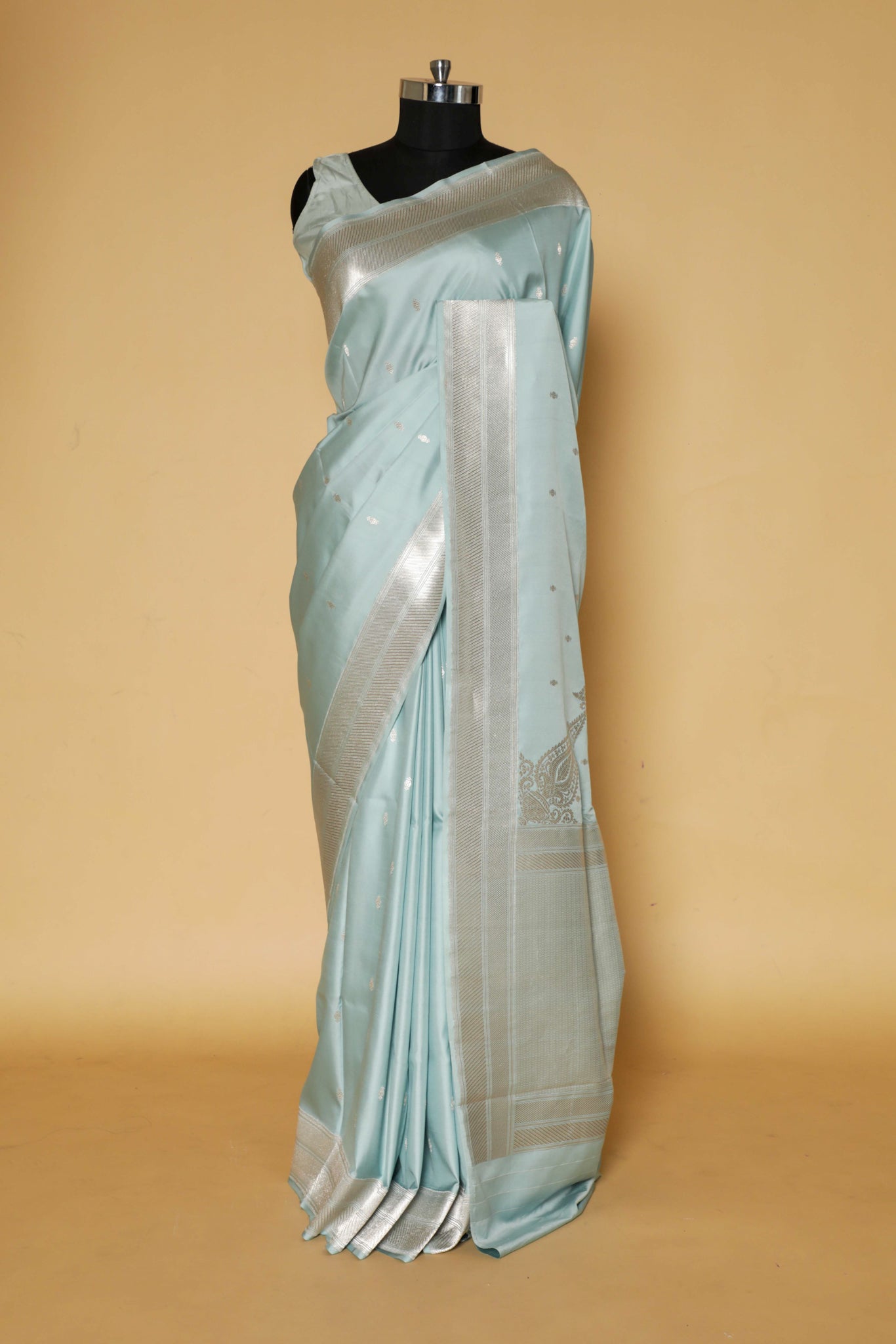 Light Blue Banarasi Mushroom Silk Saree with Silver Motifs & Silver Zari Border
