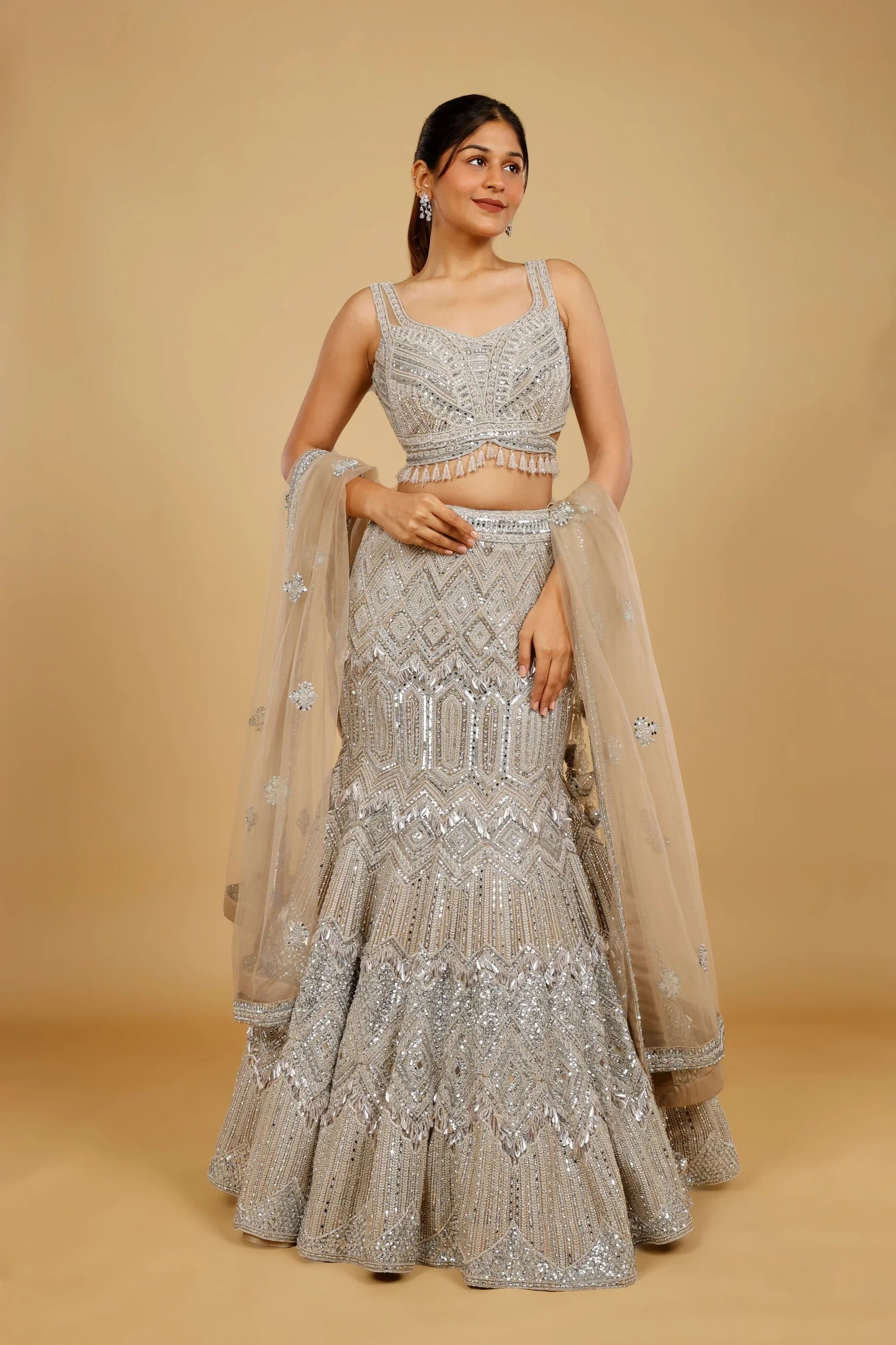 Champagne Net Mermaid Lehenga Set with Mirror, Pearl & Sequin Embroidery