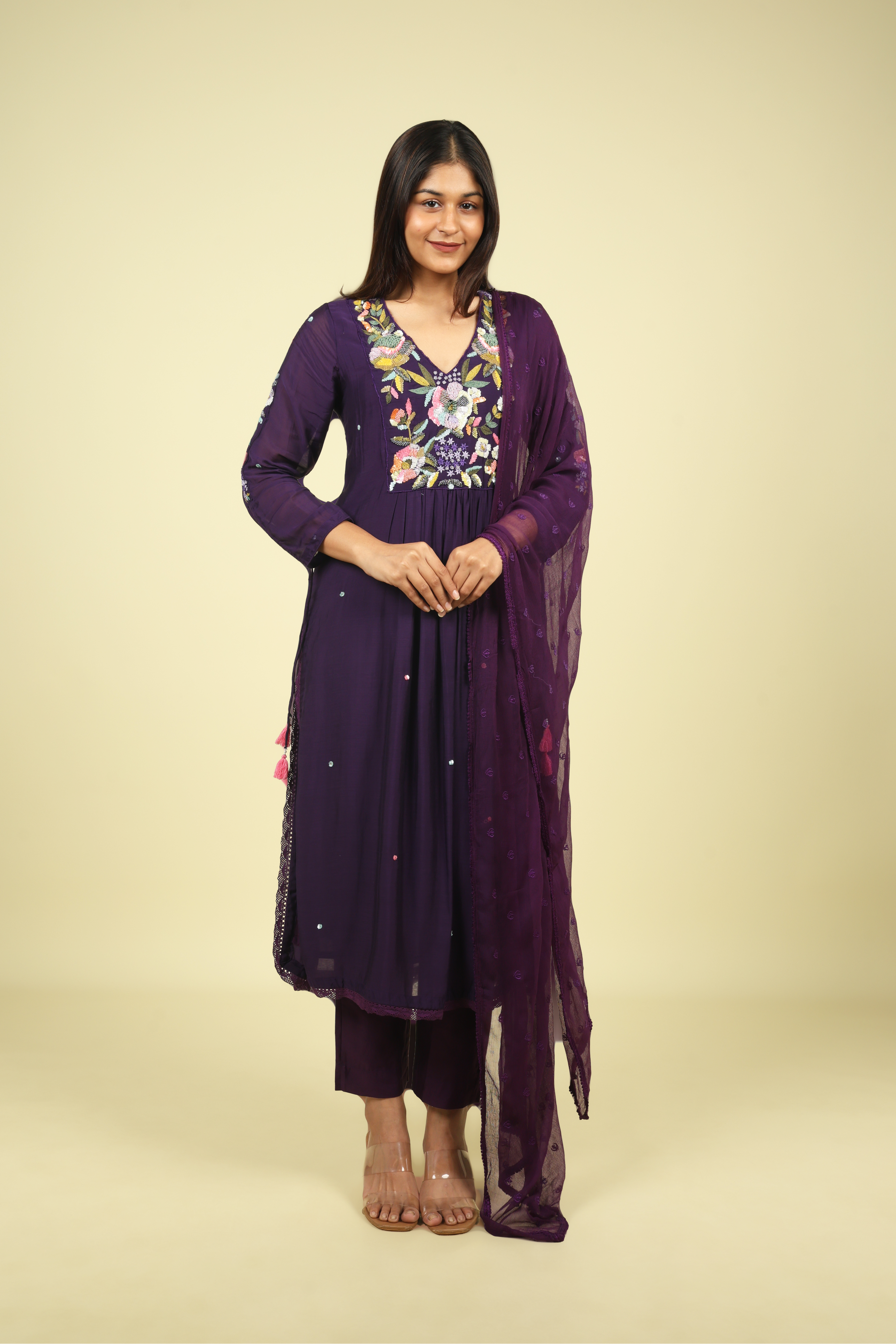 Purple Embroidered Mul Chanderi Salwar Set - Mokshaa