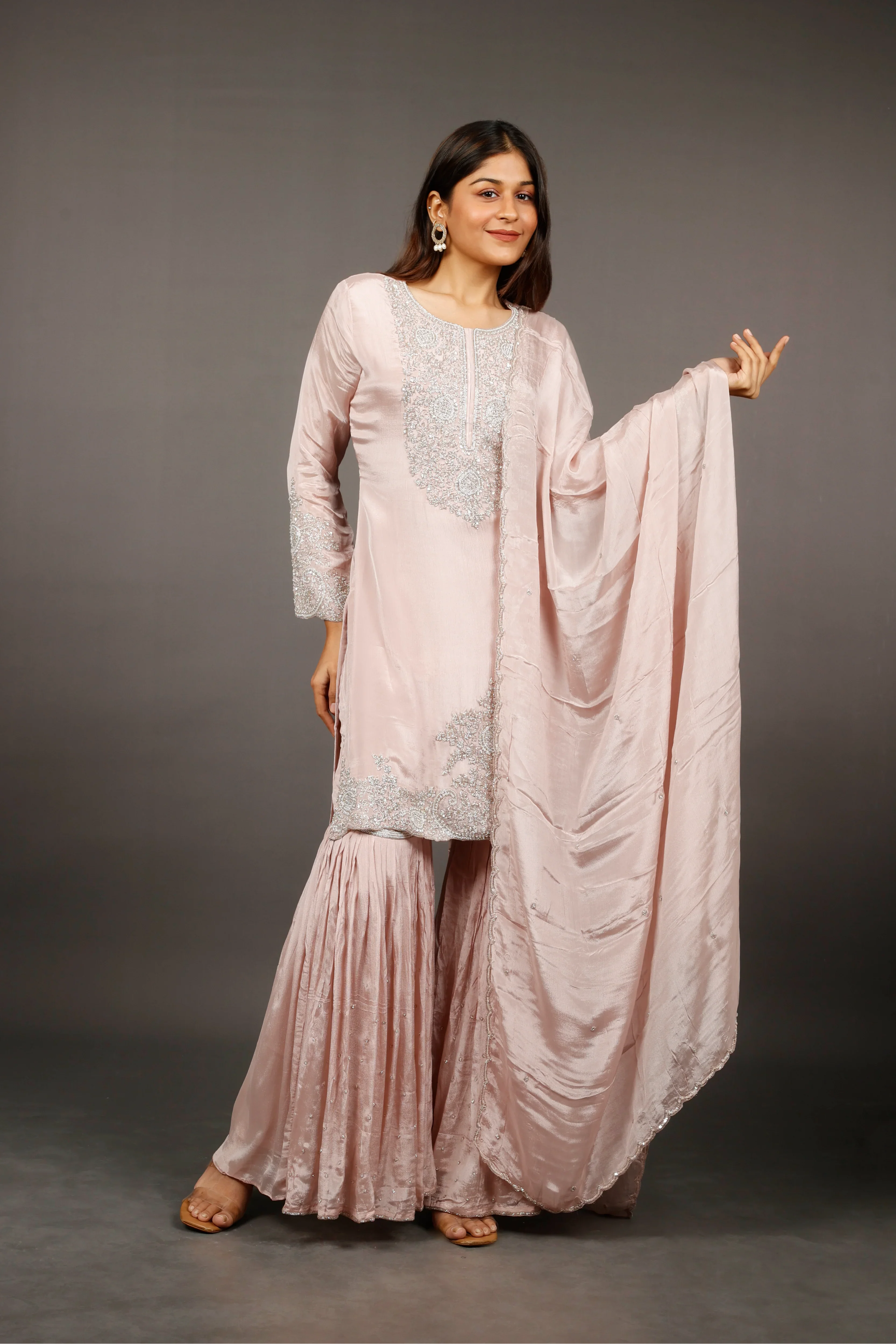Blush Pink Chinon Silk Sharara Set with Kutdana & Pearl Embroidery - Mokshaa