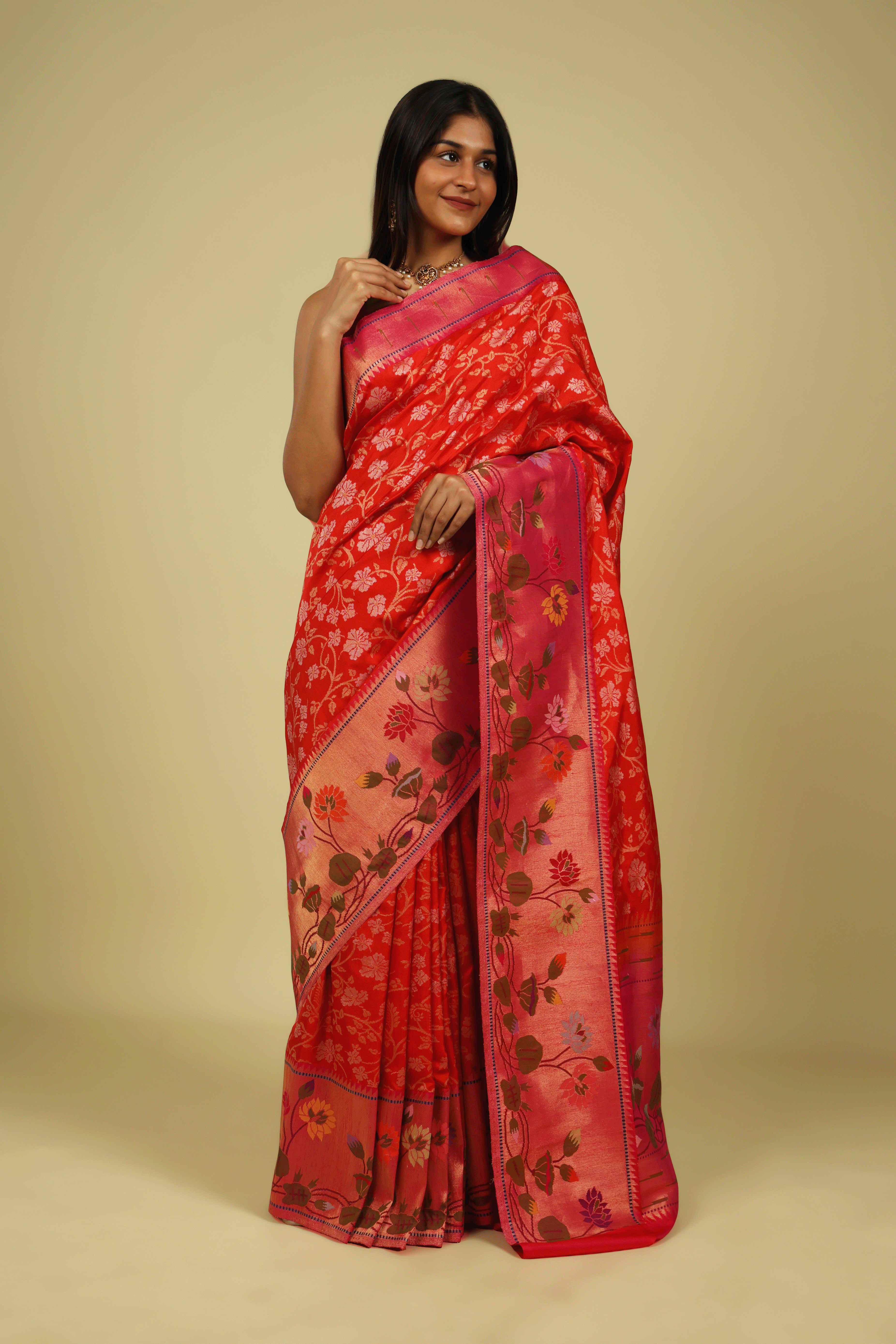 Orange Banarasi Silk Saree with Gold & Silver Zari Jaal and Jamdani Border