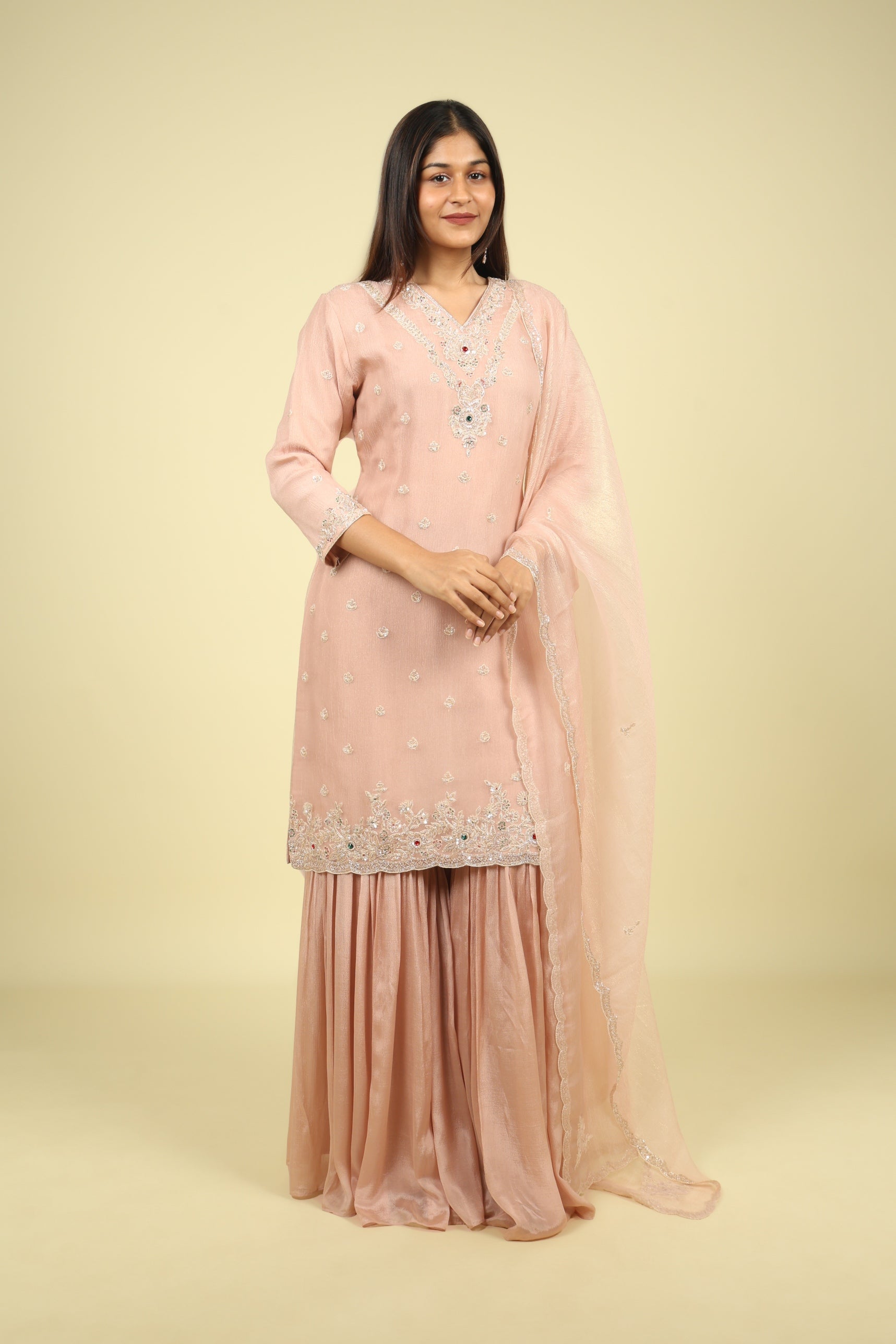 Blush Pink Crush Tissue Sharara Set with Pearl & Kutdana Embroidery