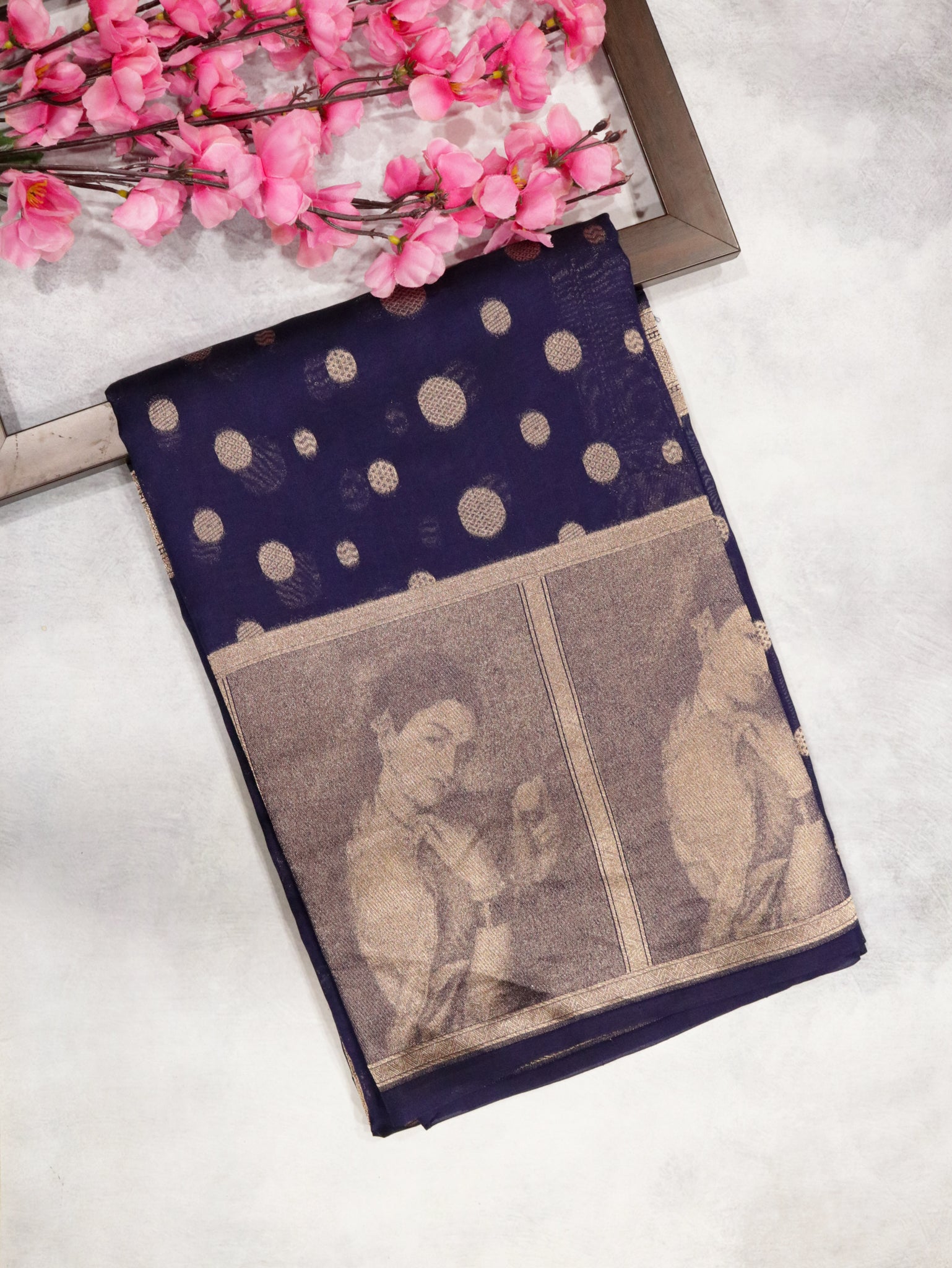 Navy Blue Banarasi Chanderi Silk Saree with All-Over Coins Butta & Digital Weaving**