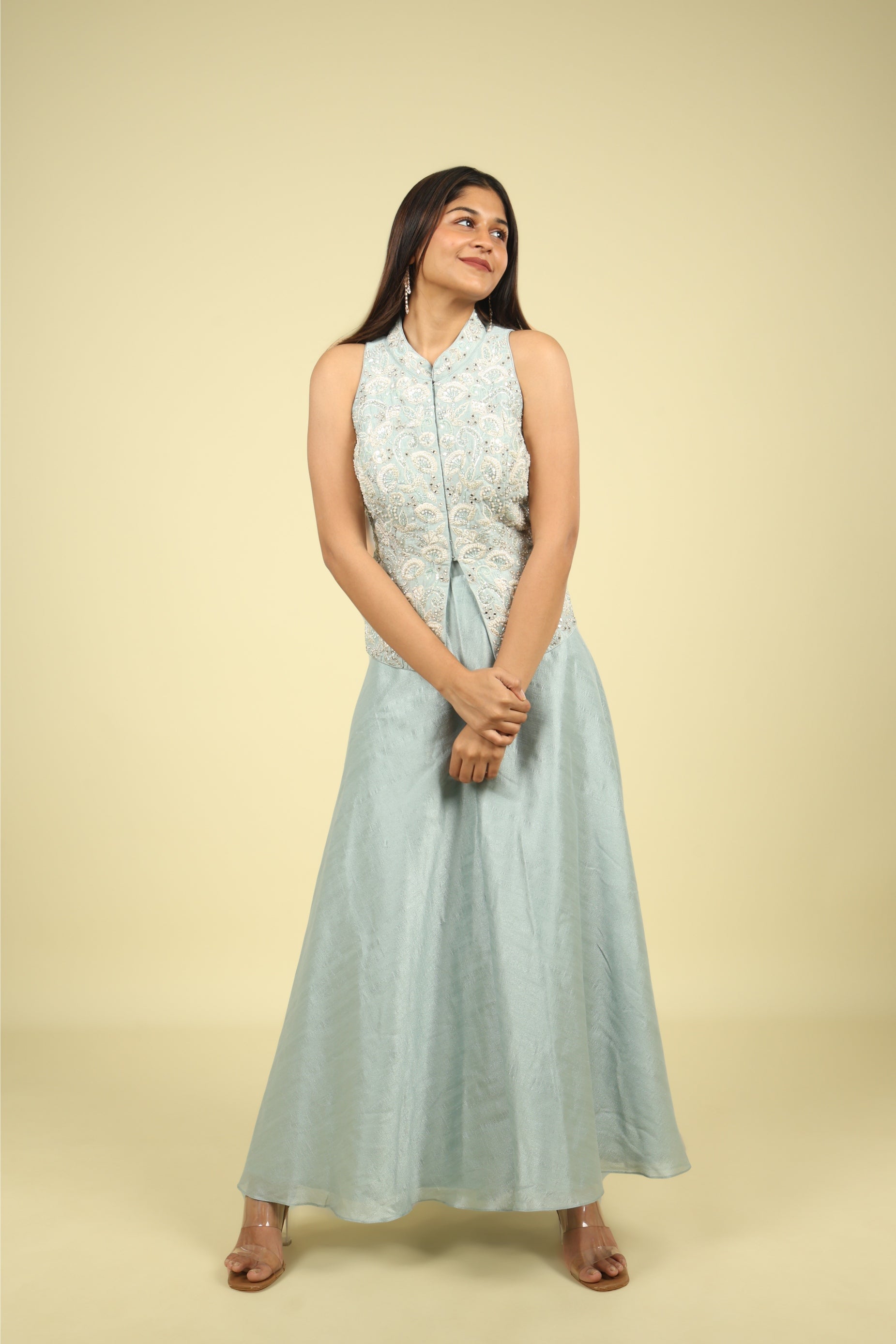 Blue Embroidered Silk Top With Palazzo