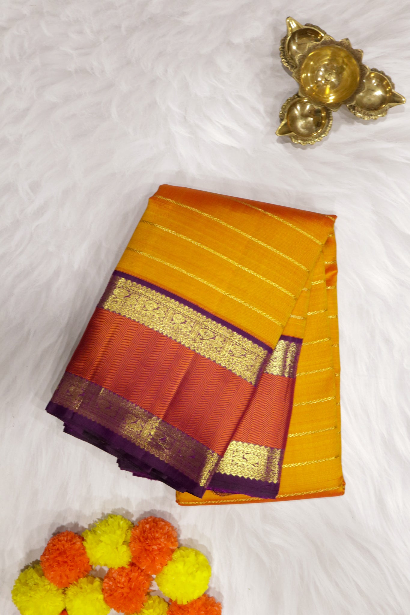 Orange Kanchipuram Silk Saree with Zari Horizontal Lines & Thread Weaving Border