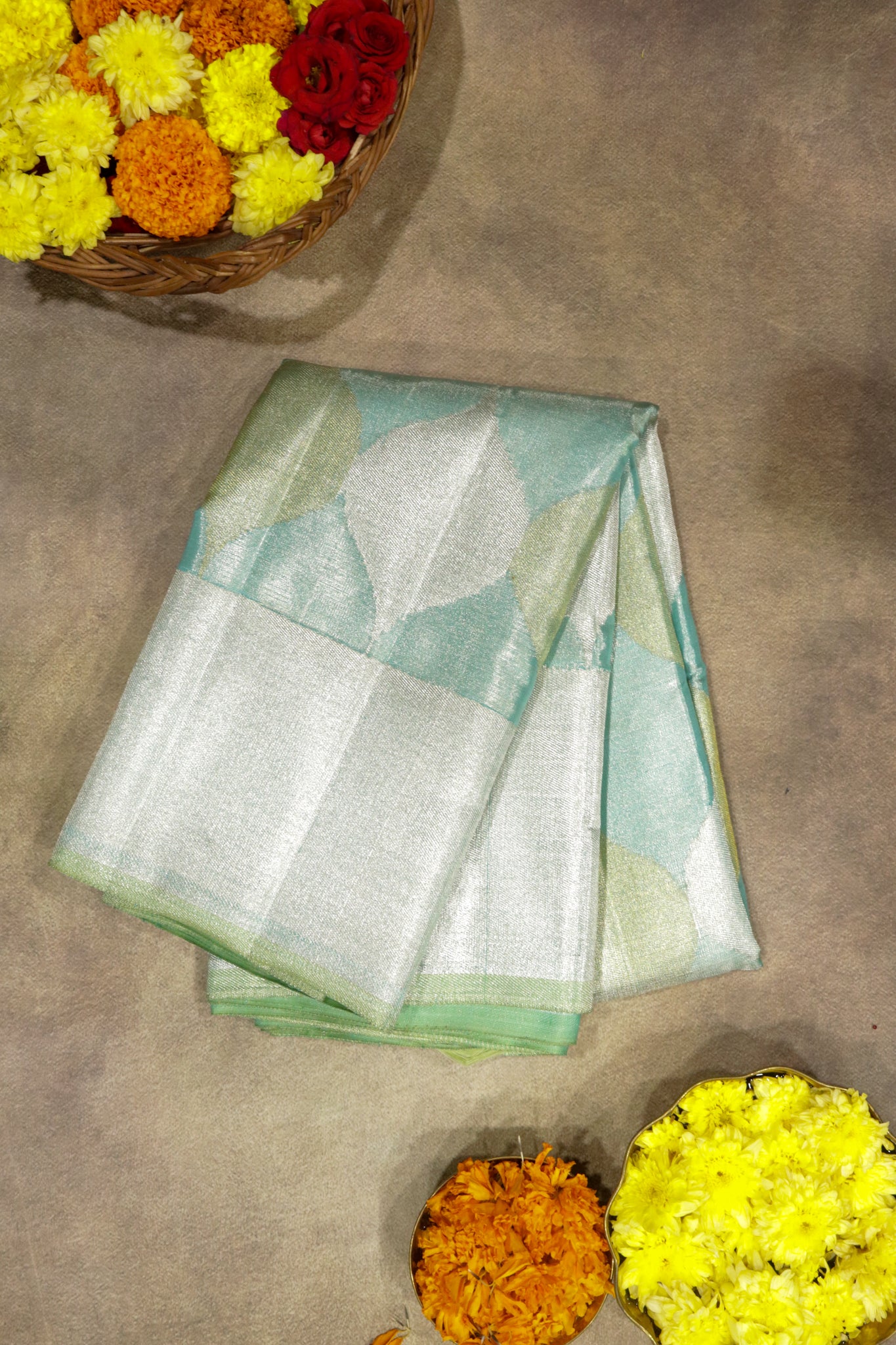 Ice Blue Kanchipuram Tissue Saree with Silver & Gold Jaal Motifs and Self Zari Border