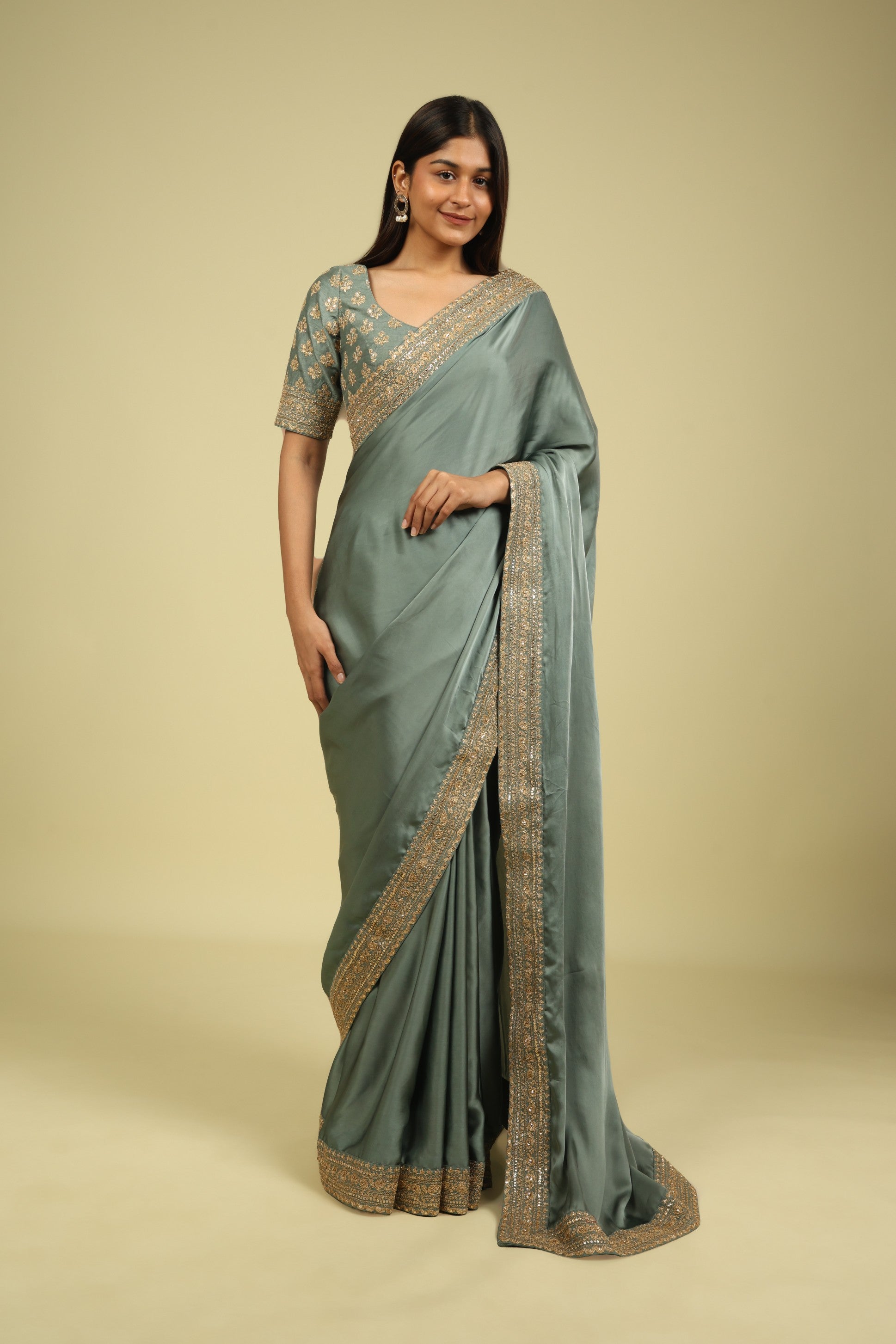 Powder Blue Satin Saree with Zari Thread Border & Zari Motif Blouse