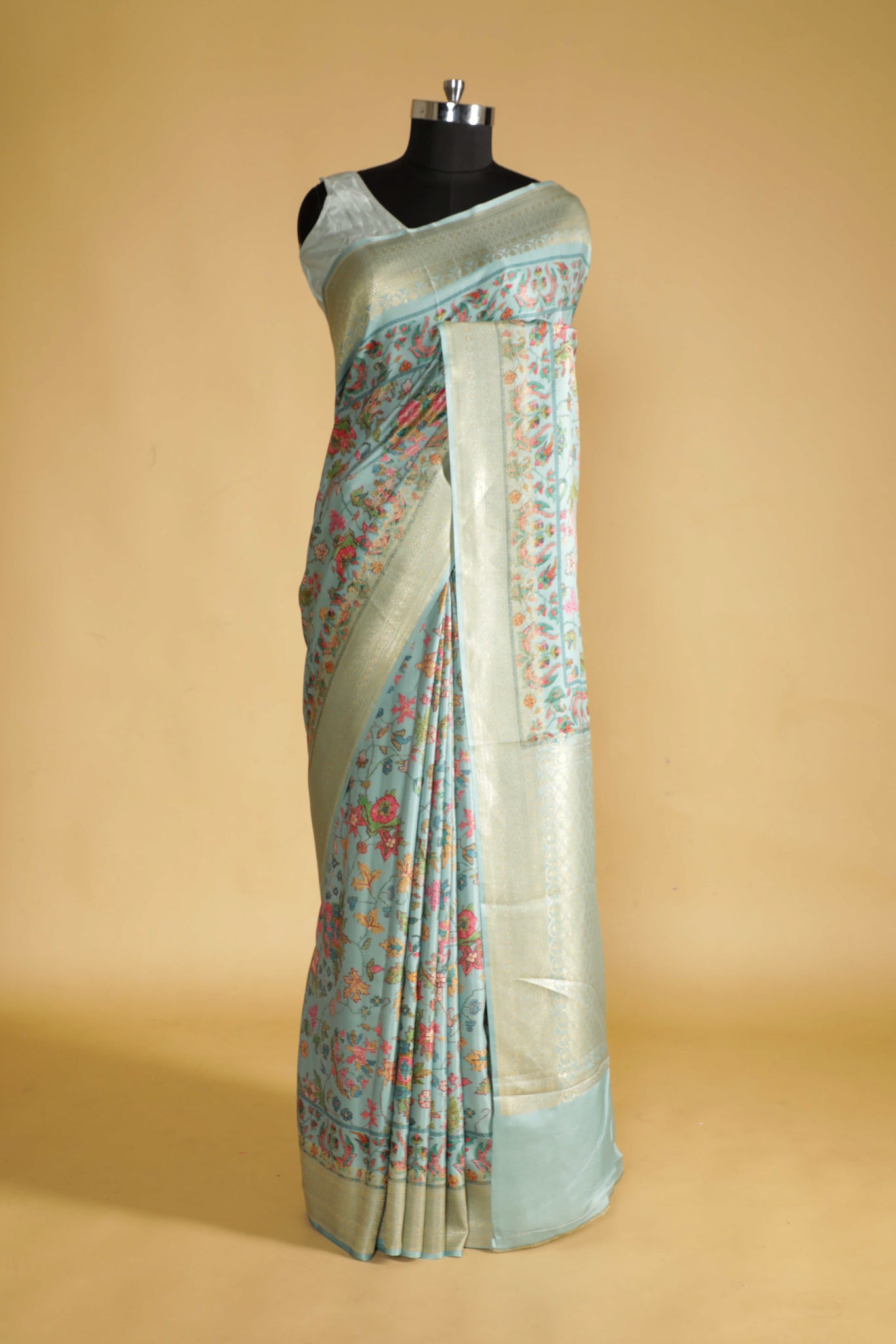 Turquoise Blue Banarasi Satin Silk Saree with All-Over Digital Print & Zari Border**