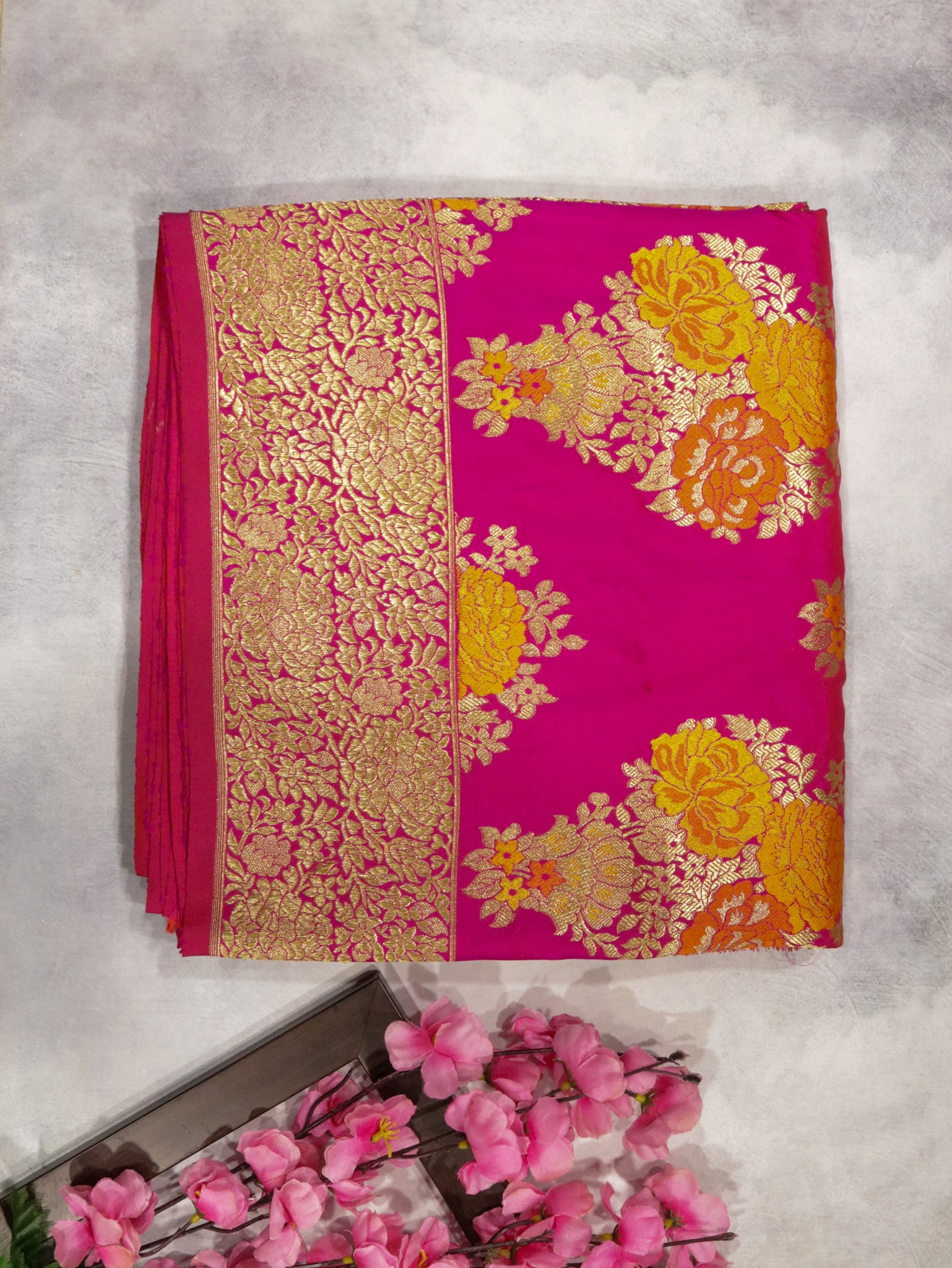 Rani Pink Banarasi Silk Saree with Zari & Thread Weaving