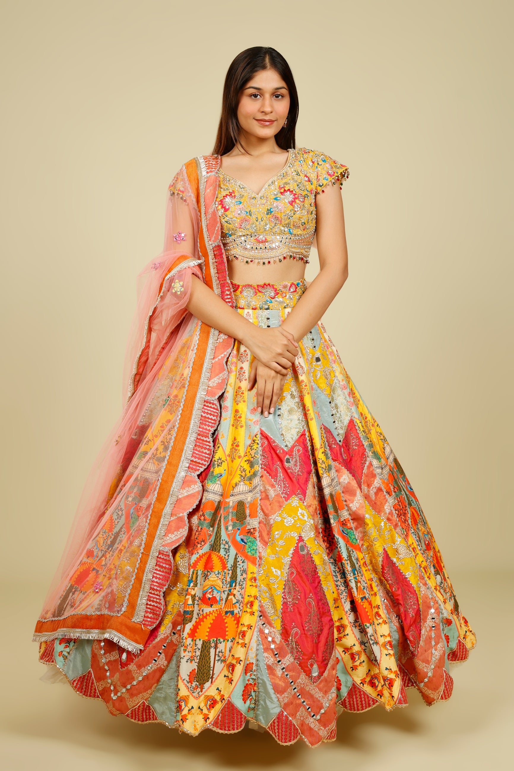 Multicolour Printed Silk Patchwork Lehenga Set with Mirror & Zari Embroidery | Mokshaa