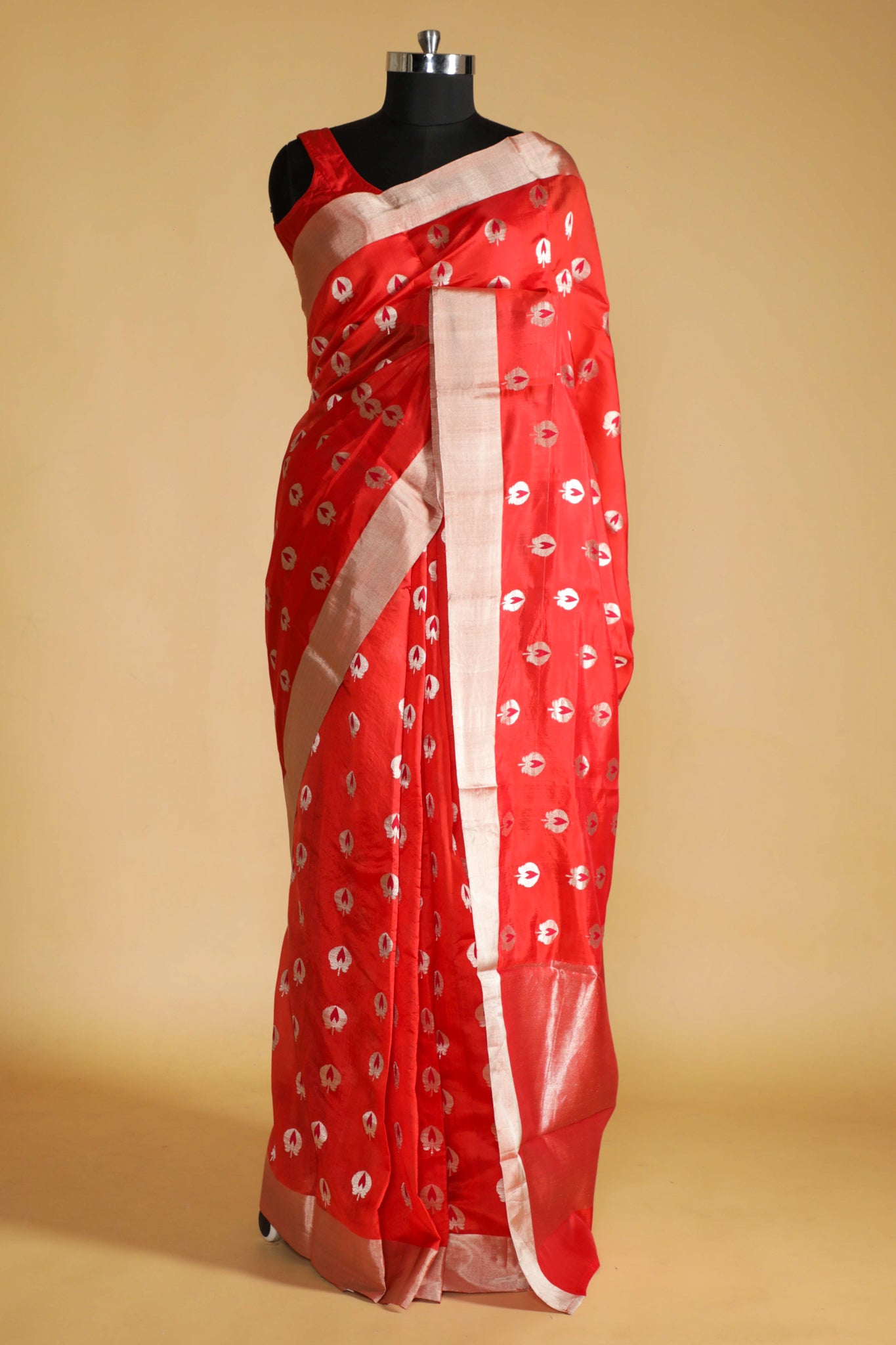 Orange Banarasi Chanderi Silk Saree with Silver & Thread Motifs