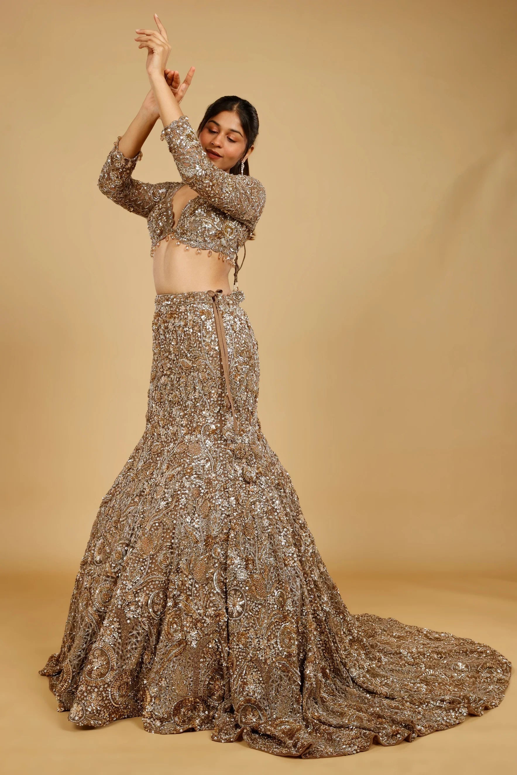 Dark Gold Net Mermaid Lehenga Set with Sequin, Stone & Kutdana Embroidery