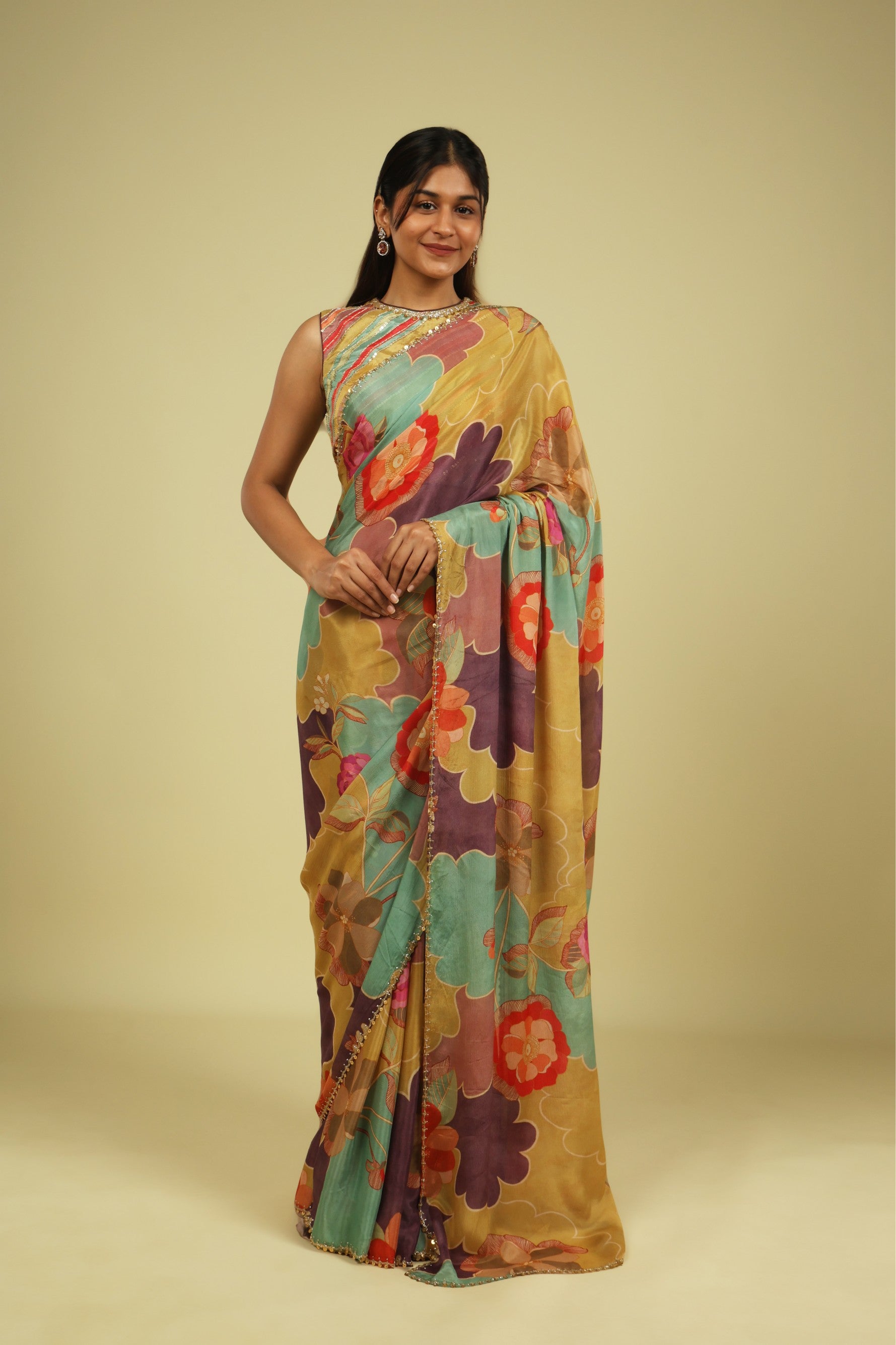 Multicolour Silky Georgette Saree with Digital Print & Bead-Sequin Border