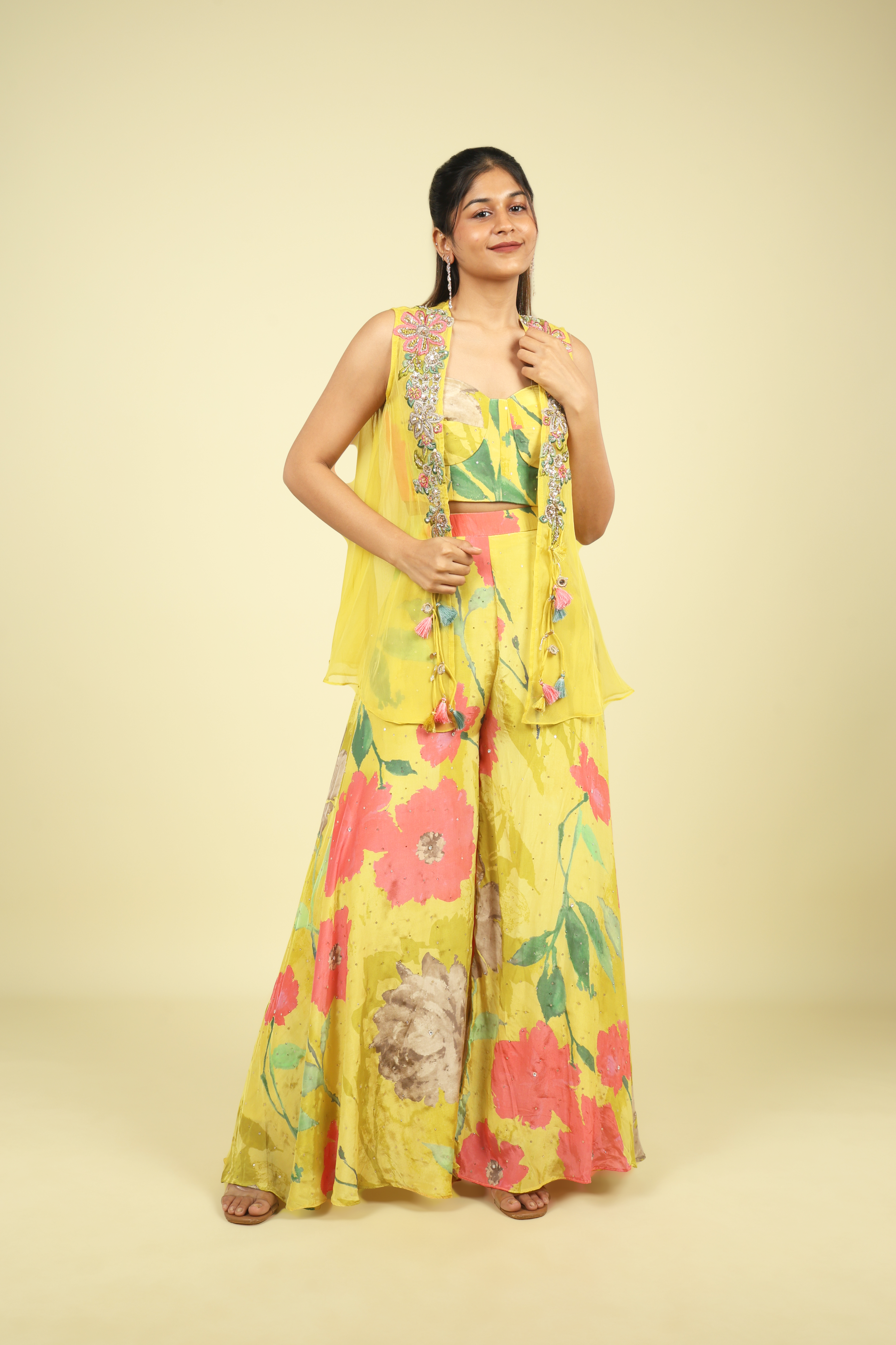 Yellow Printed Crepe Crop Top Palazzo Set - Mokshaa