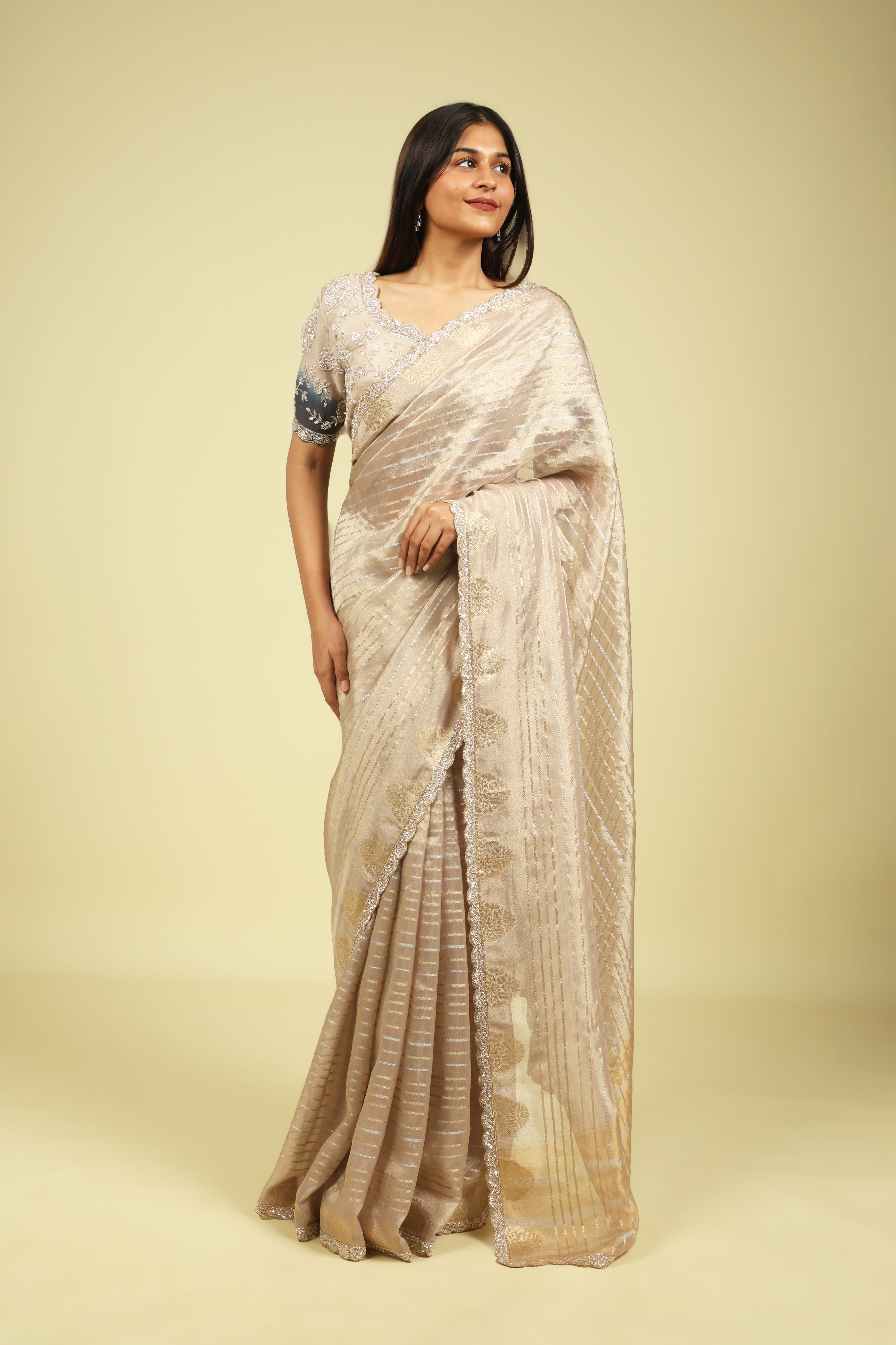 Rose Gold Tissue Saree with Gold & Silver Zari Stripes and Bead-Sequin Border