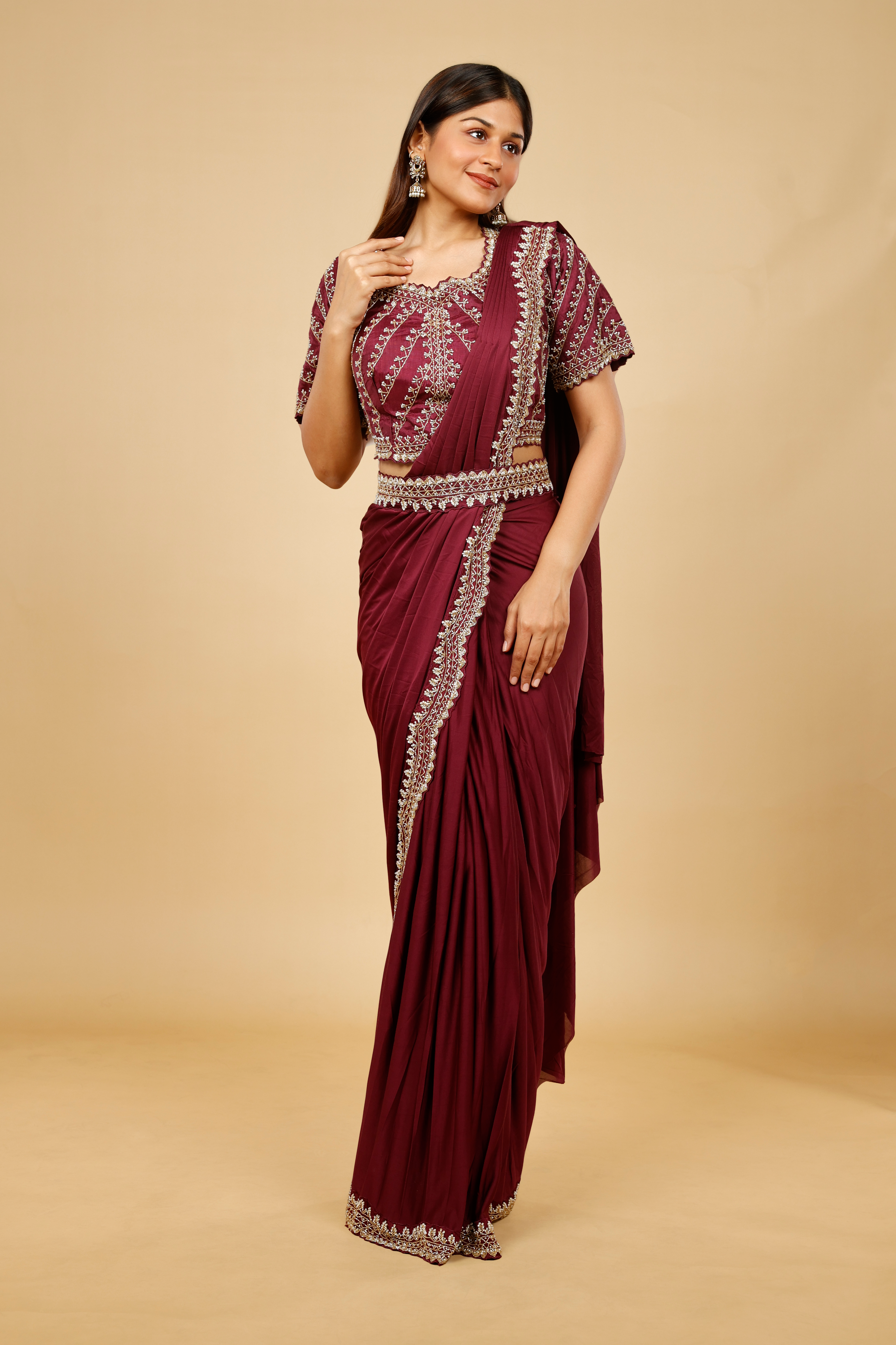 Maroon Satin Lycra Drape Saree with Pearl & Cutdana Embroidery