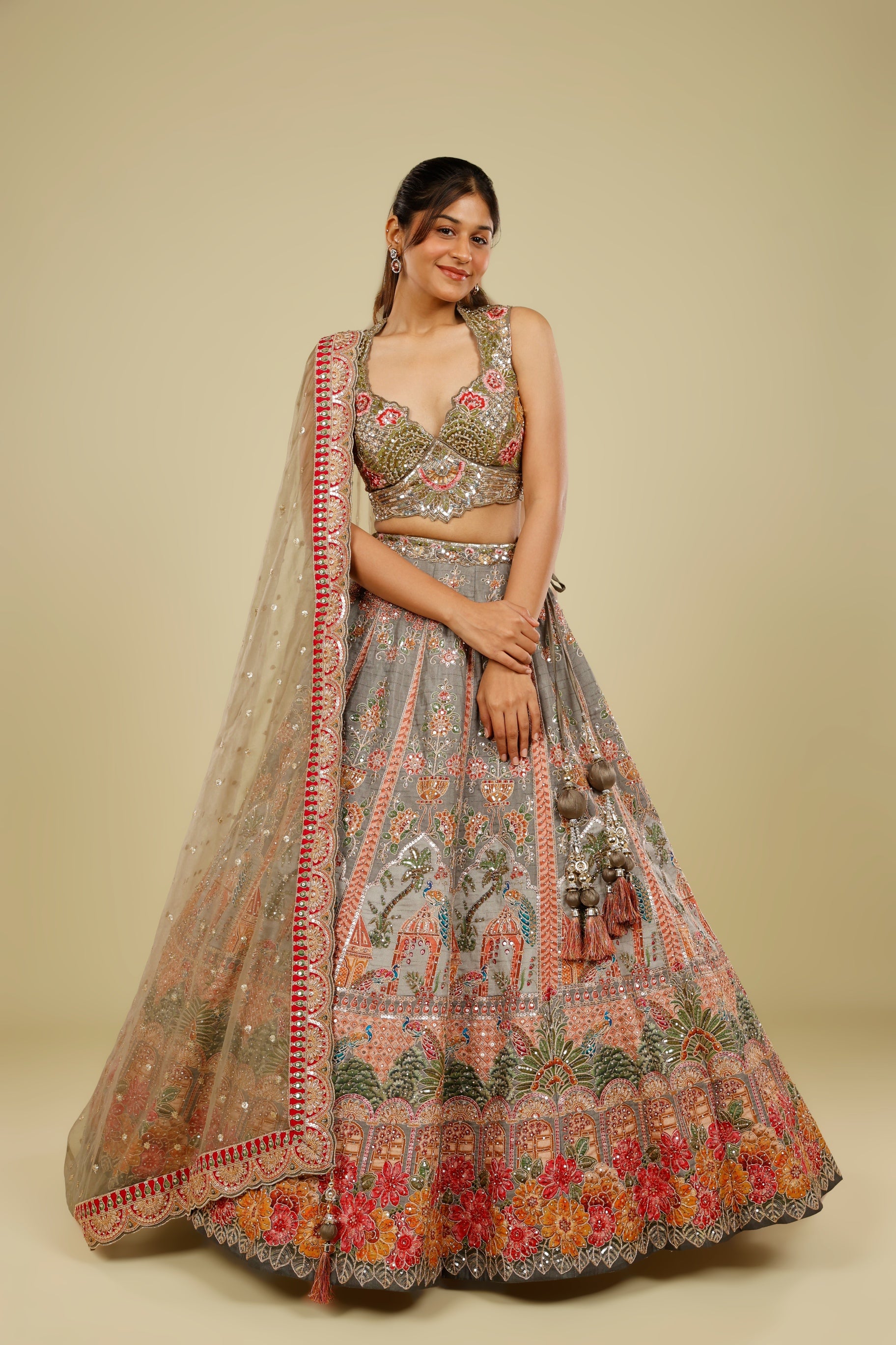Grey Silk Lehenga Set with Zari, Stone & Sequin Embroidery | Mokshaa