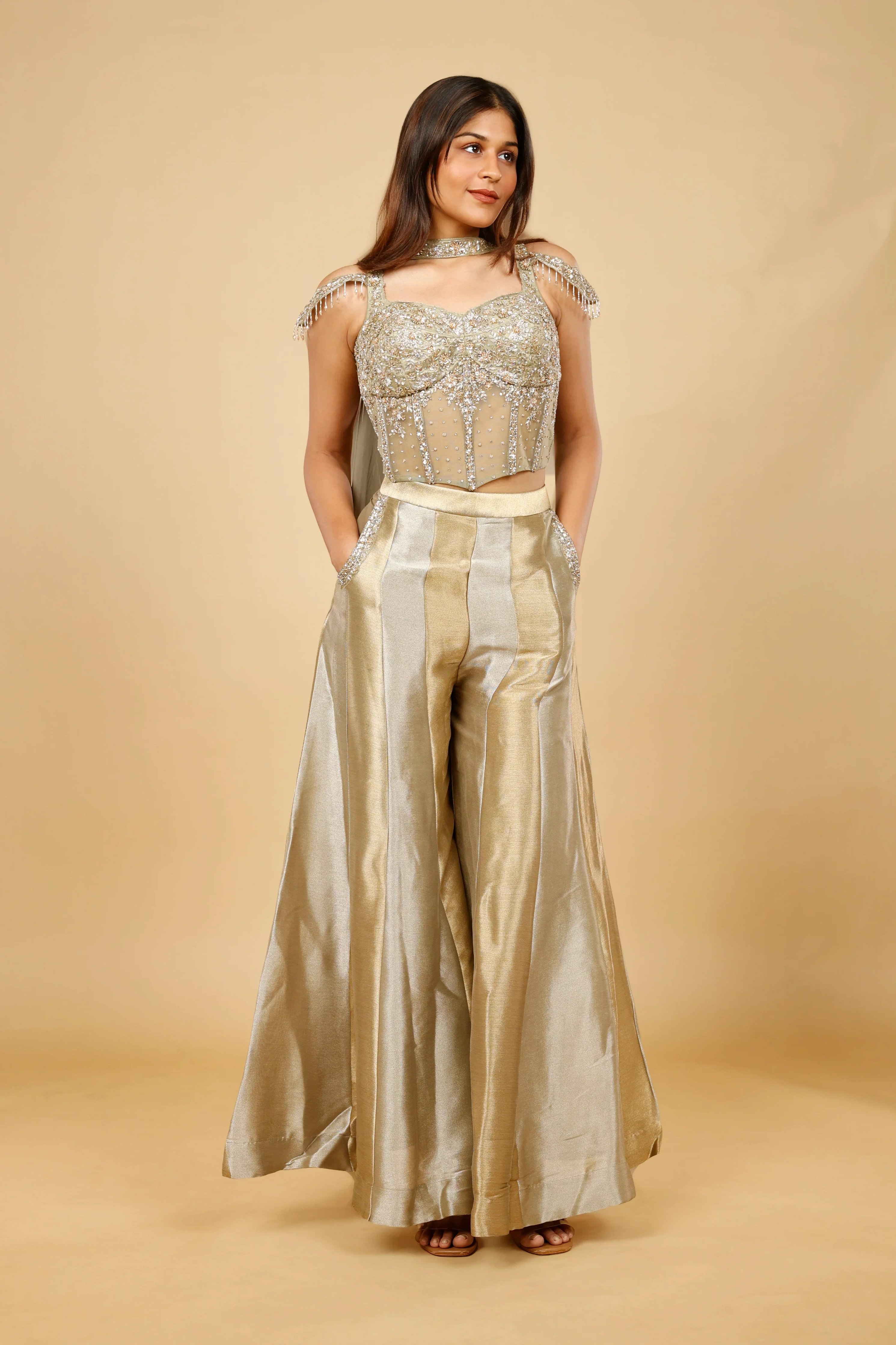 Gold Banarasi Tissue Corset with Palazzo Set - Mokshaa