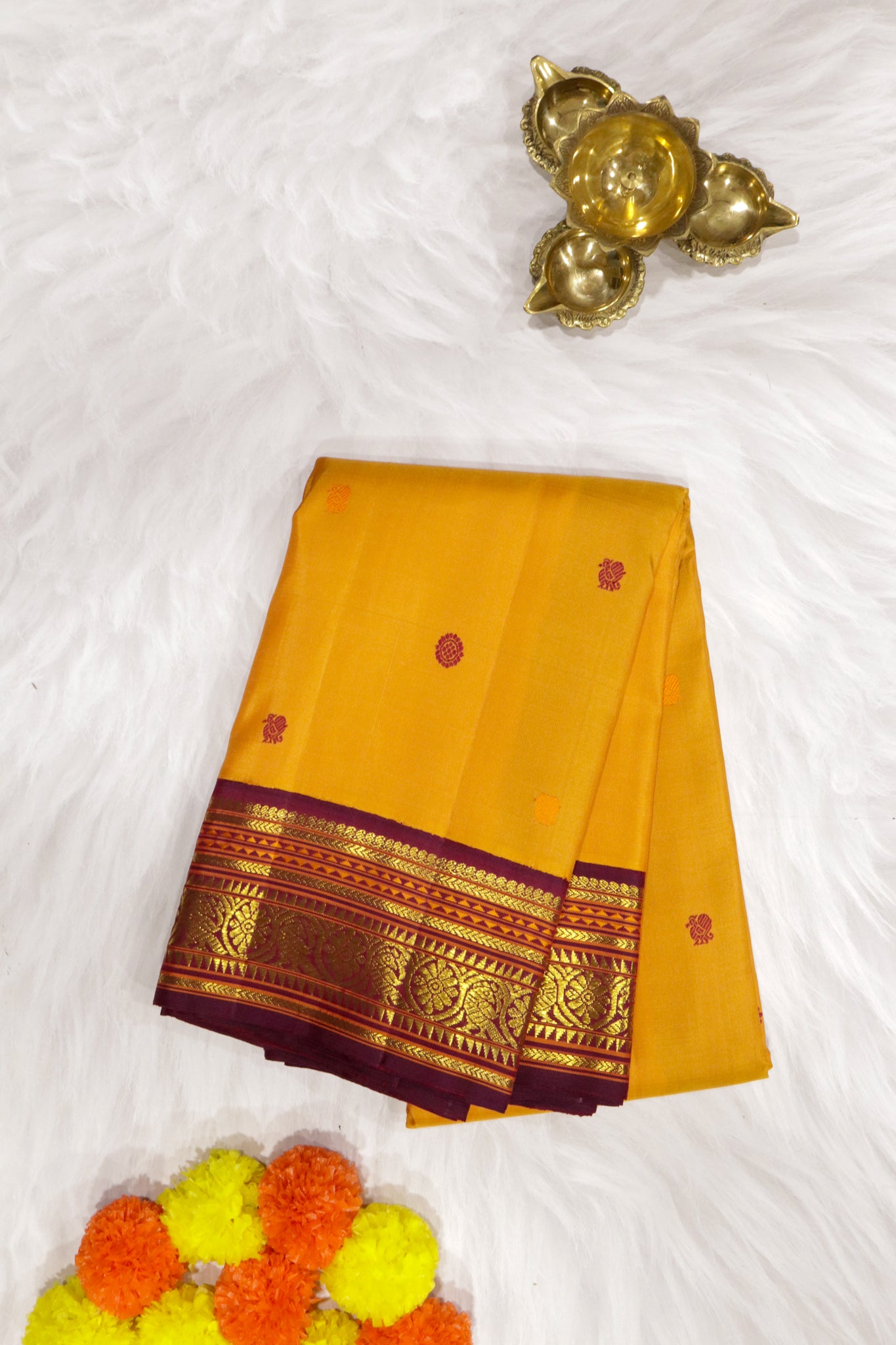 Pastel Orange Kanchipuram Silk Saree with Silk Thread Motifs & Contrast Zari Border