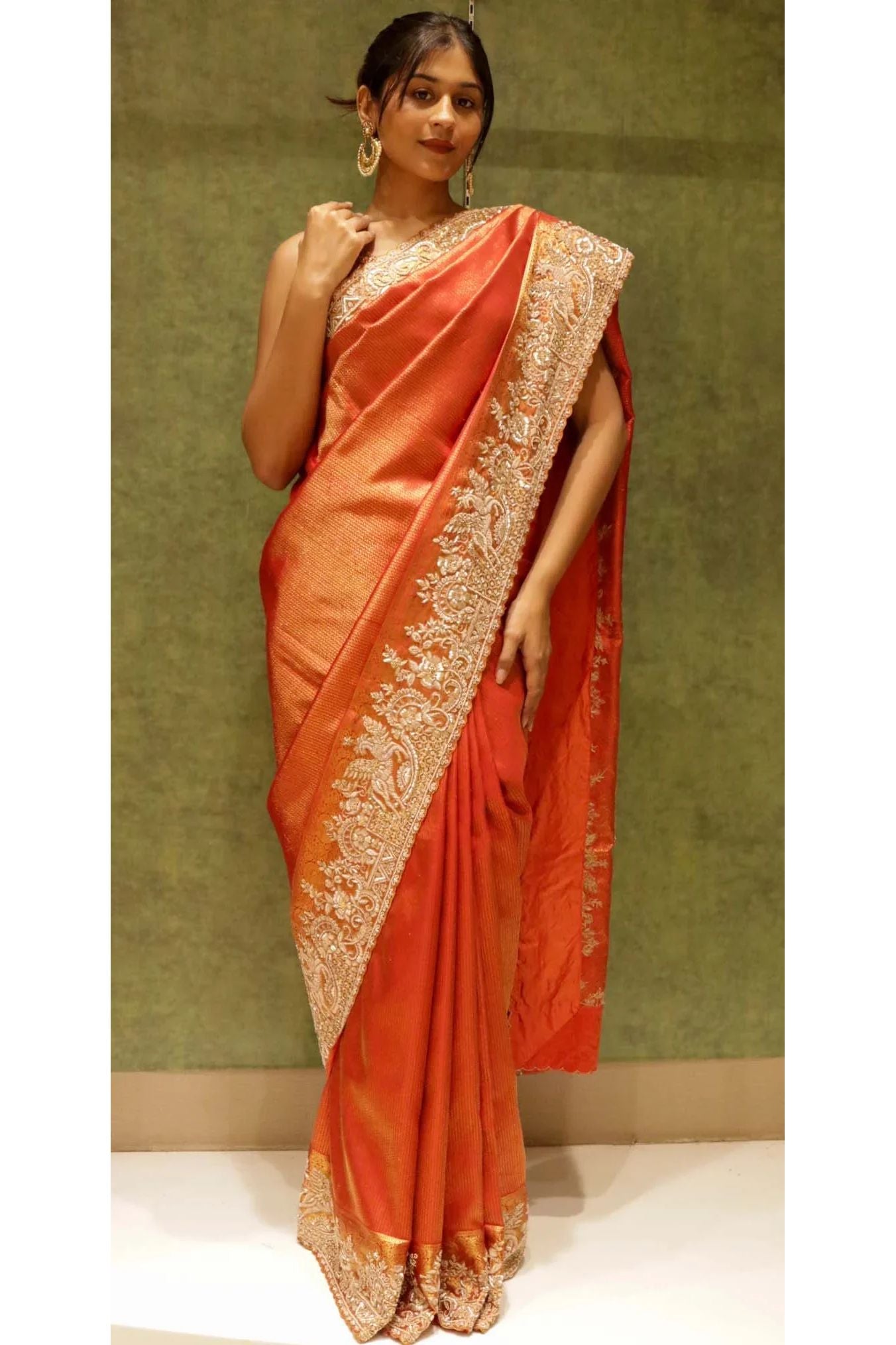 Reddish Orange Kanjivaram Silk Saree with Zardosi & Bead Work Border - Mokshaa