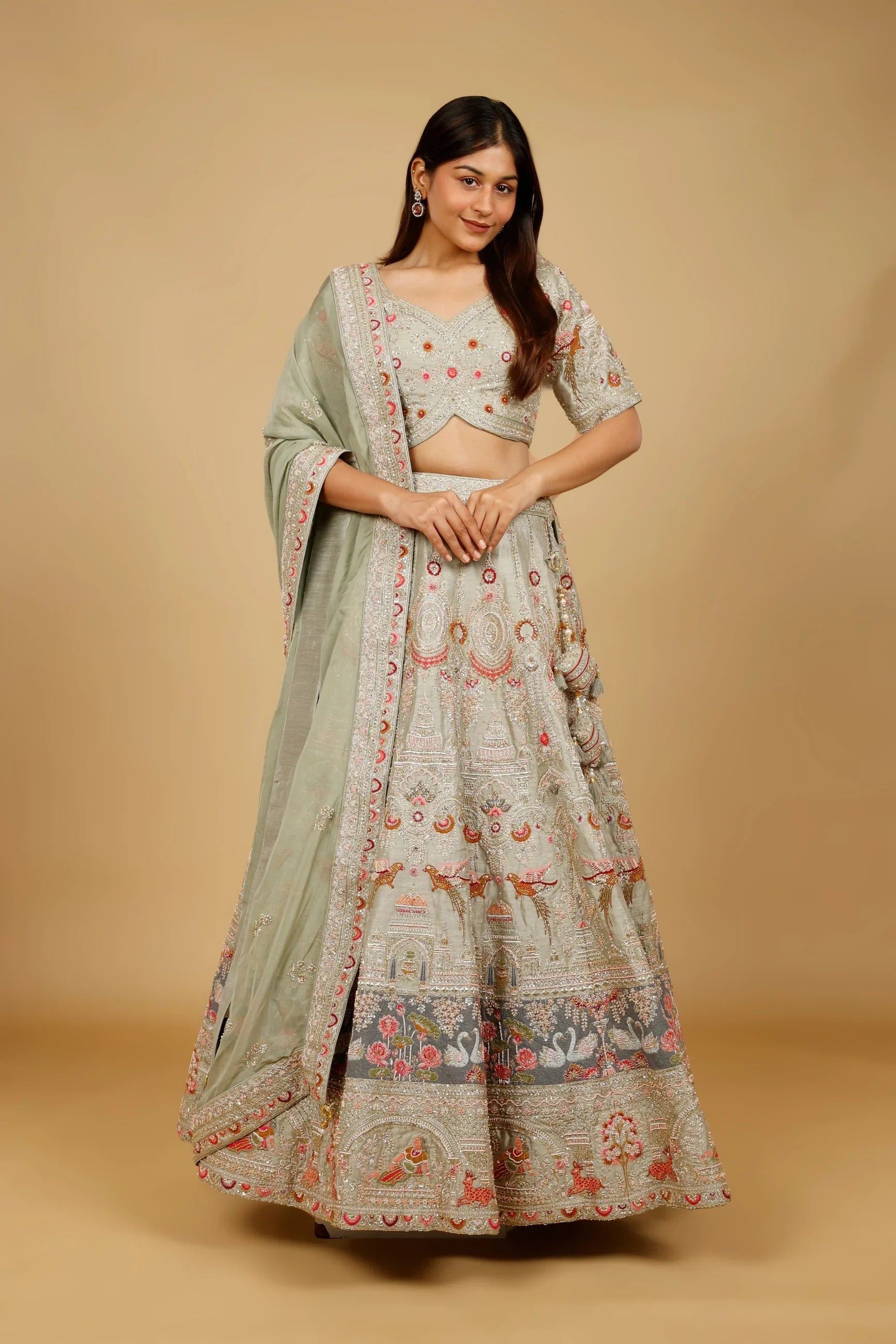 Sage Green Raw Silk Bridal Lehenga Set with Zardozi, Cutdana & Pearl Embroidery