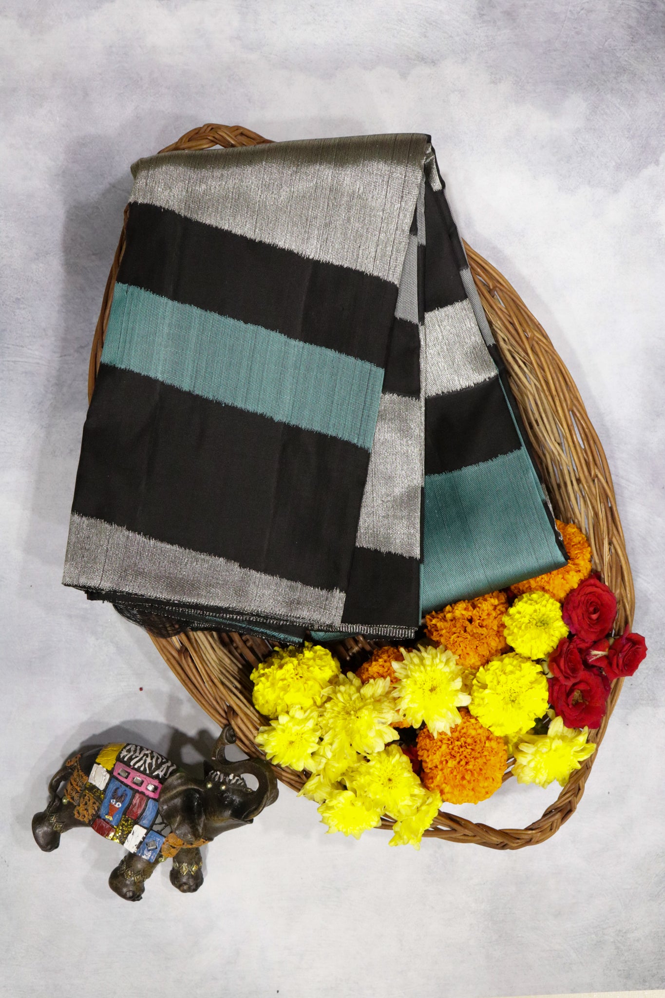 Black Kanchipuram Silk Saree with Silver & Blue Thread Striped Weaving