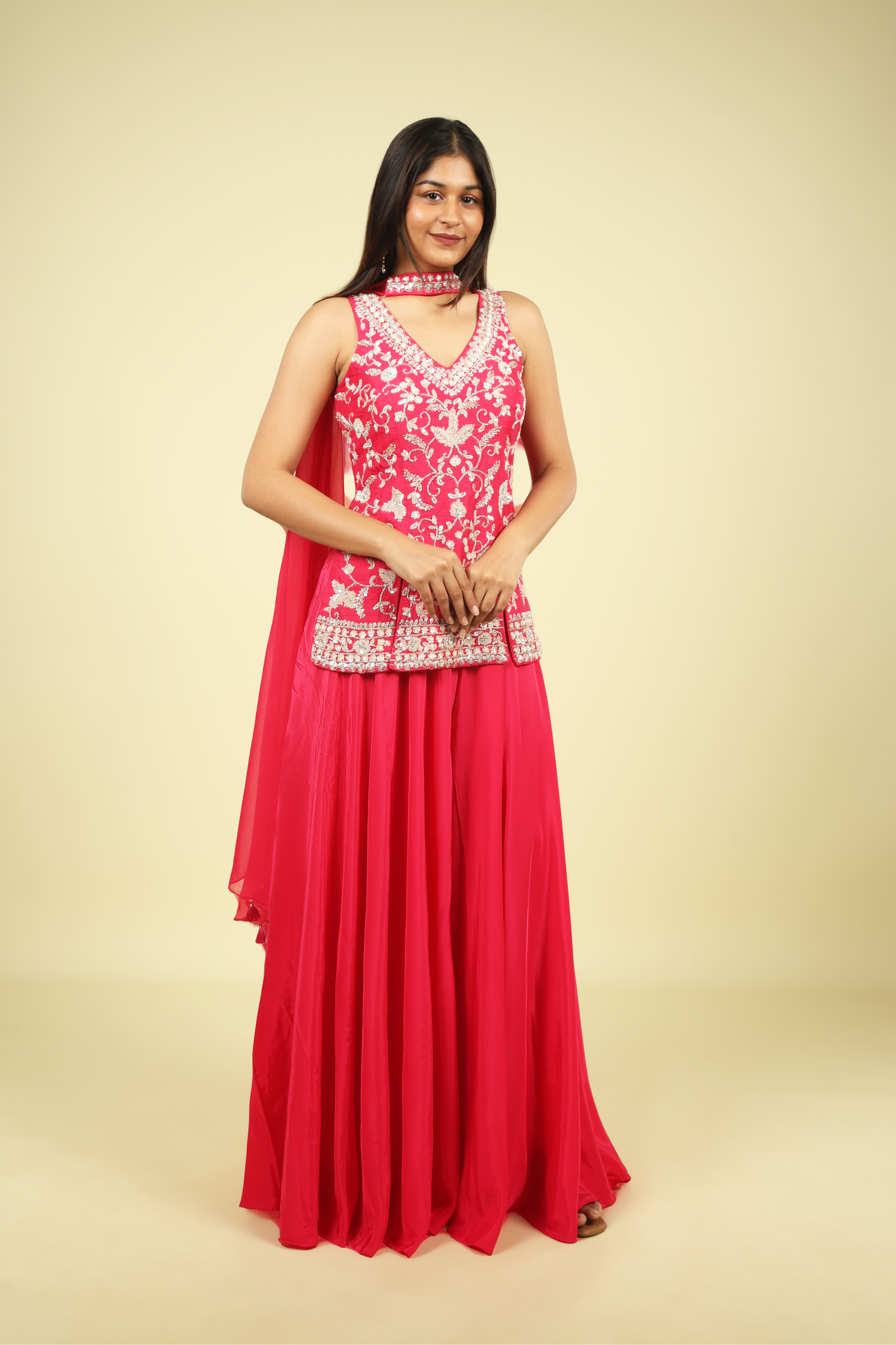 Pink Silk Palazzo Set with Embroidered Top & Organza Choker Dupatta - Mokshaa