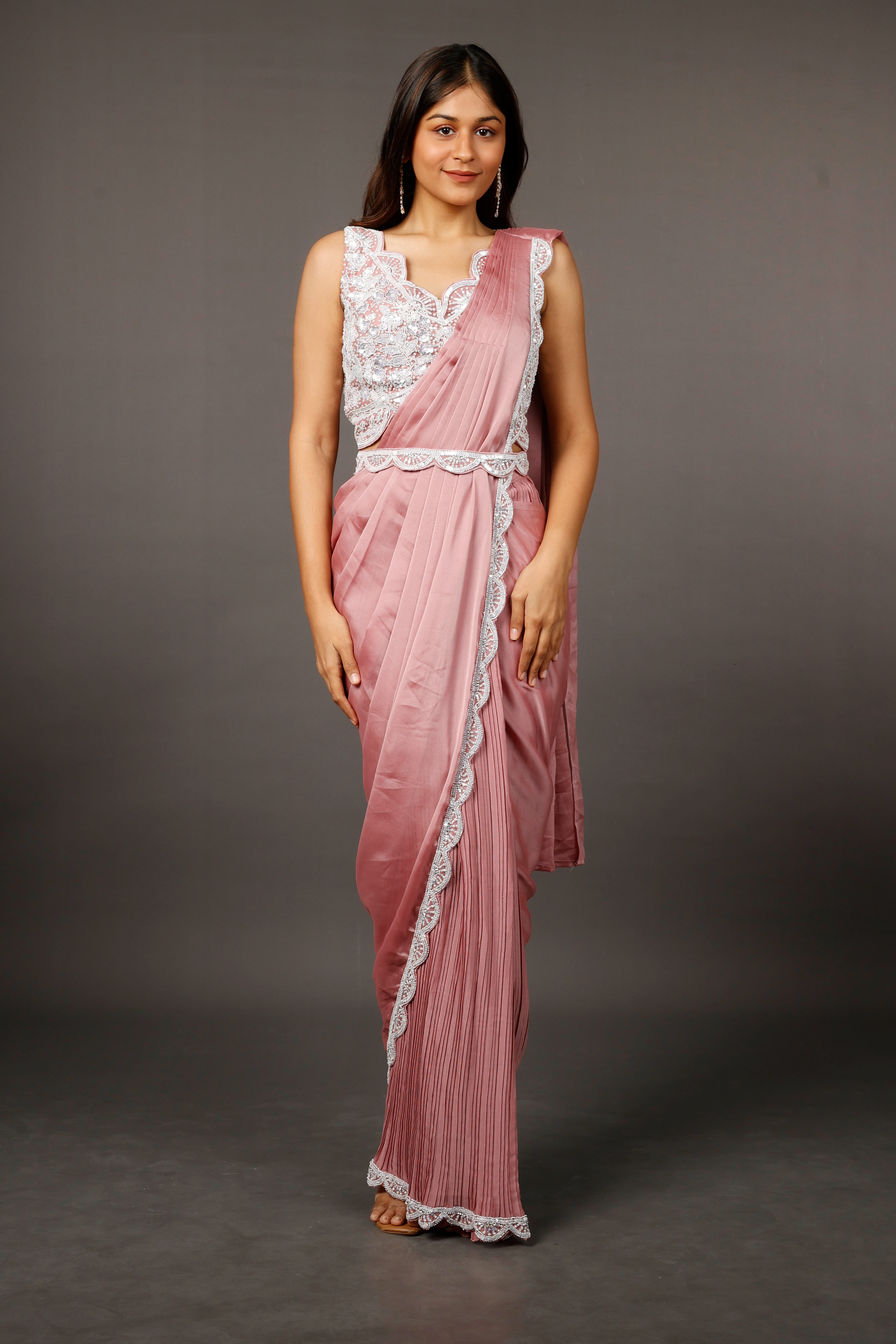 Coral Chinon Silk Drape Saree with Sequin, Pearl & Cutdana Embroidery