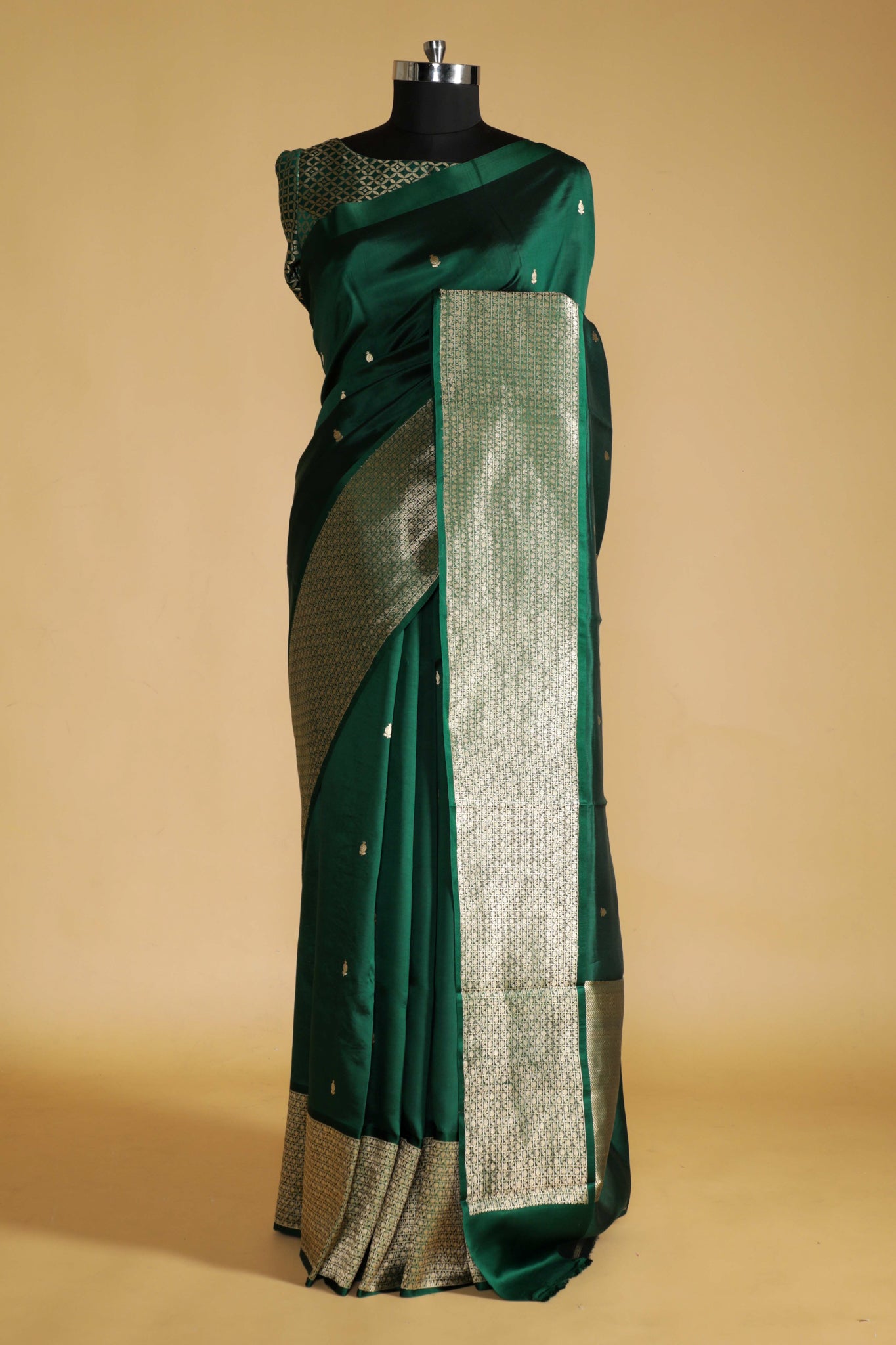 Bottle Green Banarasi Silk Saree with All-Over Buttas & Zari Border