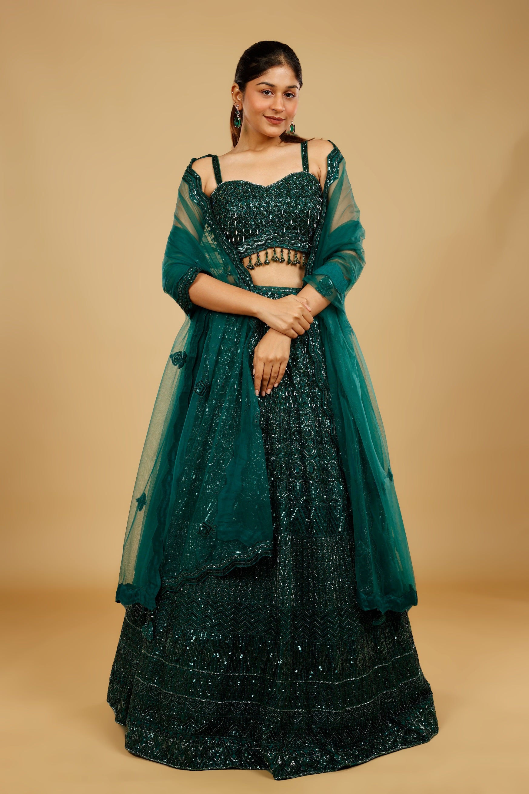Bottle Green Net Lehenga Set with Sequin, Cutdana & Pearl Embroidery