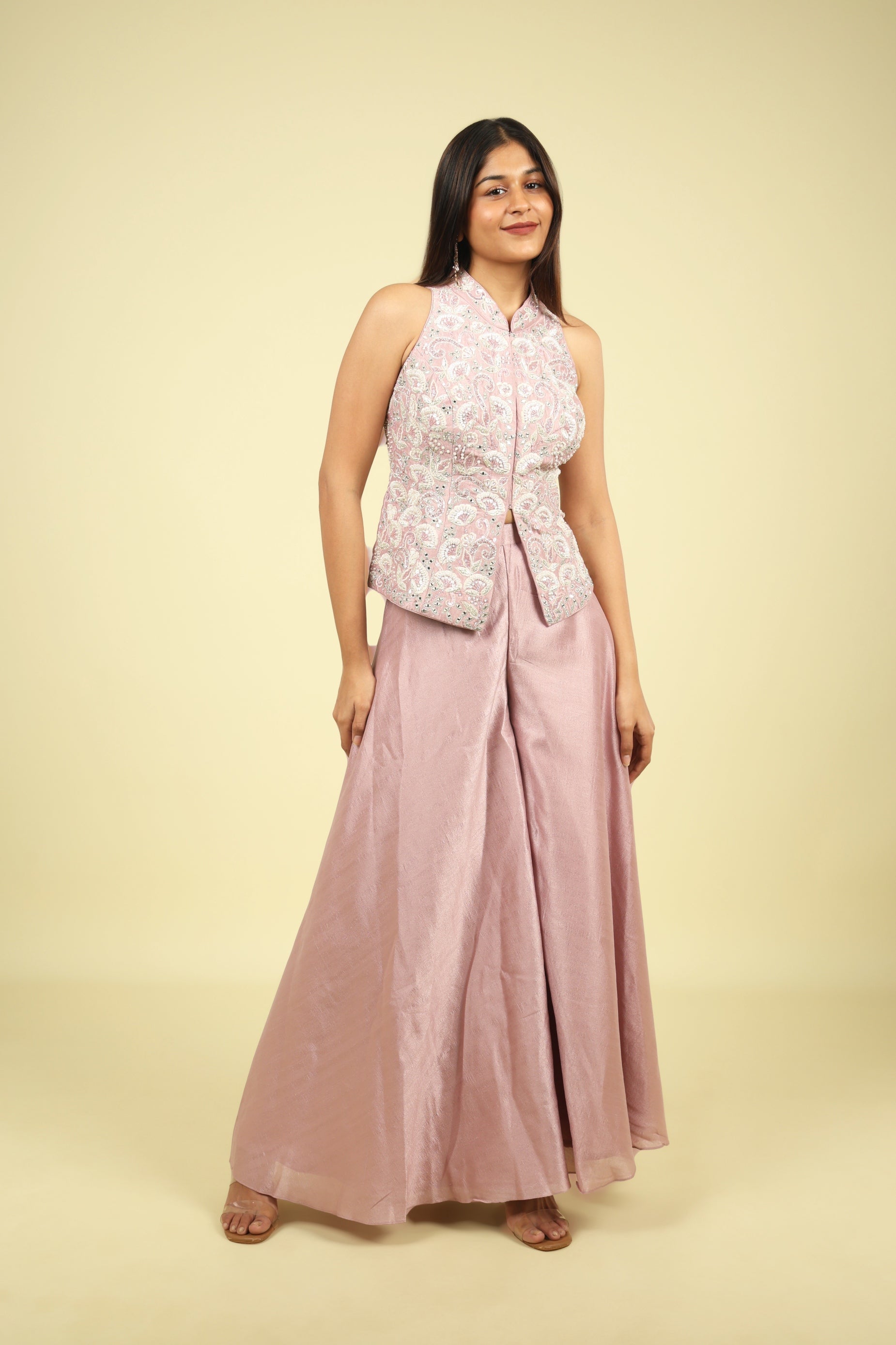 Pink Embroidered Silk Top With Palazzo