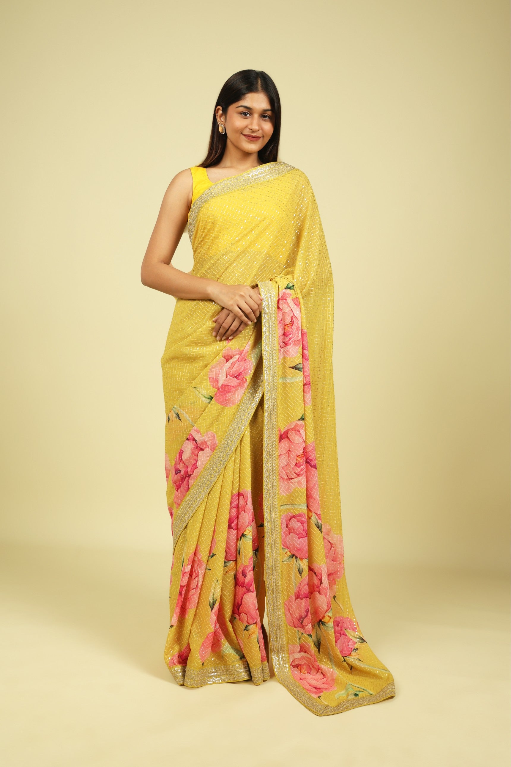 Lime Yellow Georgette Saree with Thread & Sequin Work and Digital Print Border