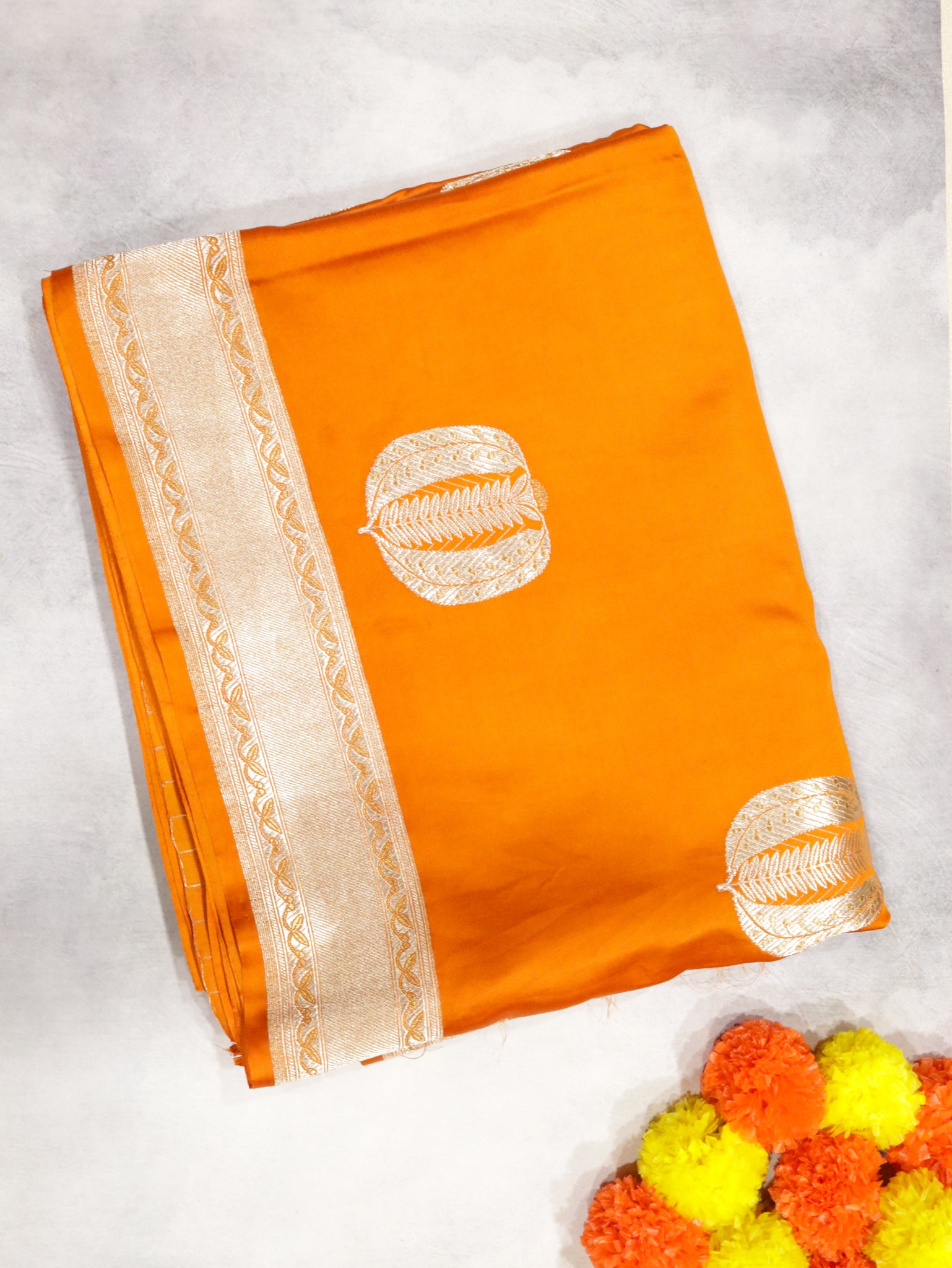 Orange Banarasi Mushroom Silk Saree with Silver Zari Motifs & Silver Zari Border**