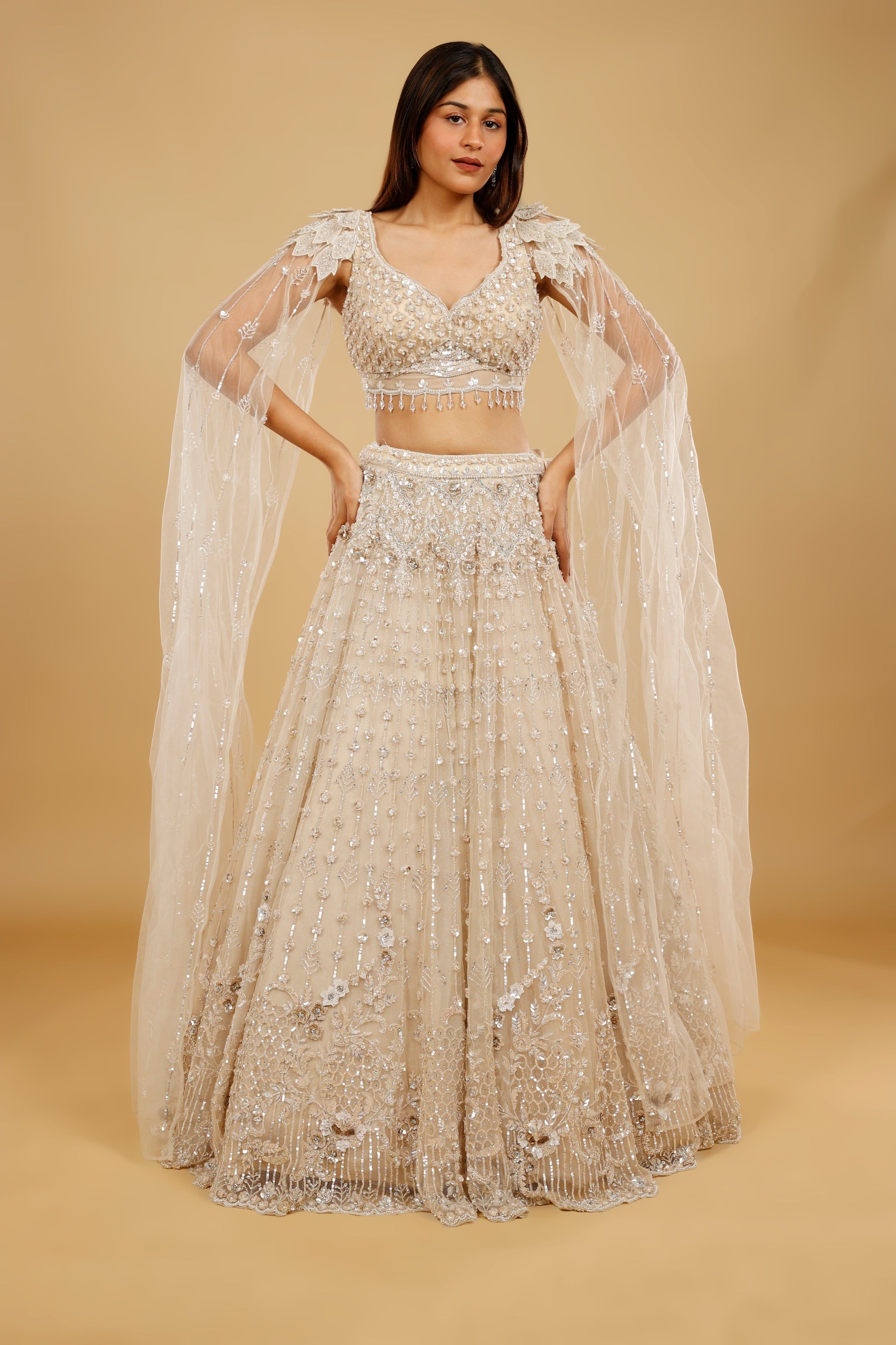 Beige Gold Net Lehenga Set with Sequin, Cutdana & Stone Embroidery