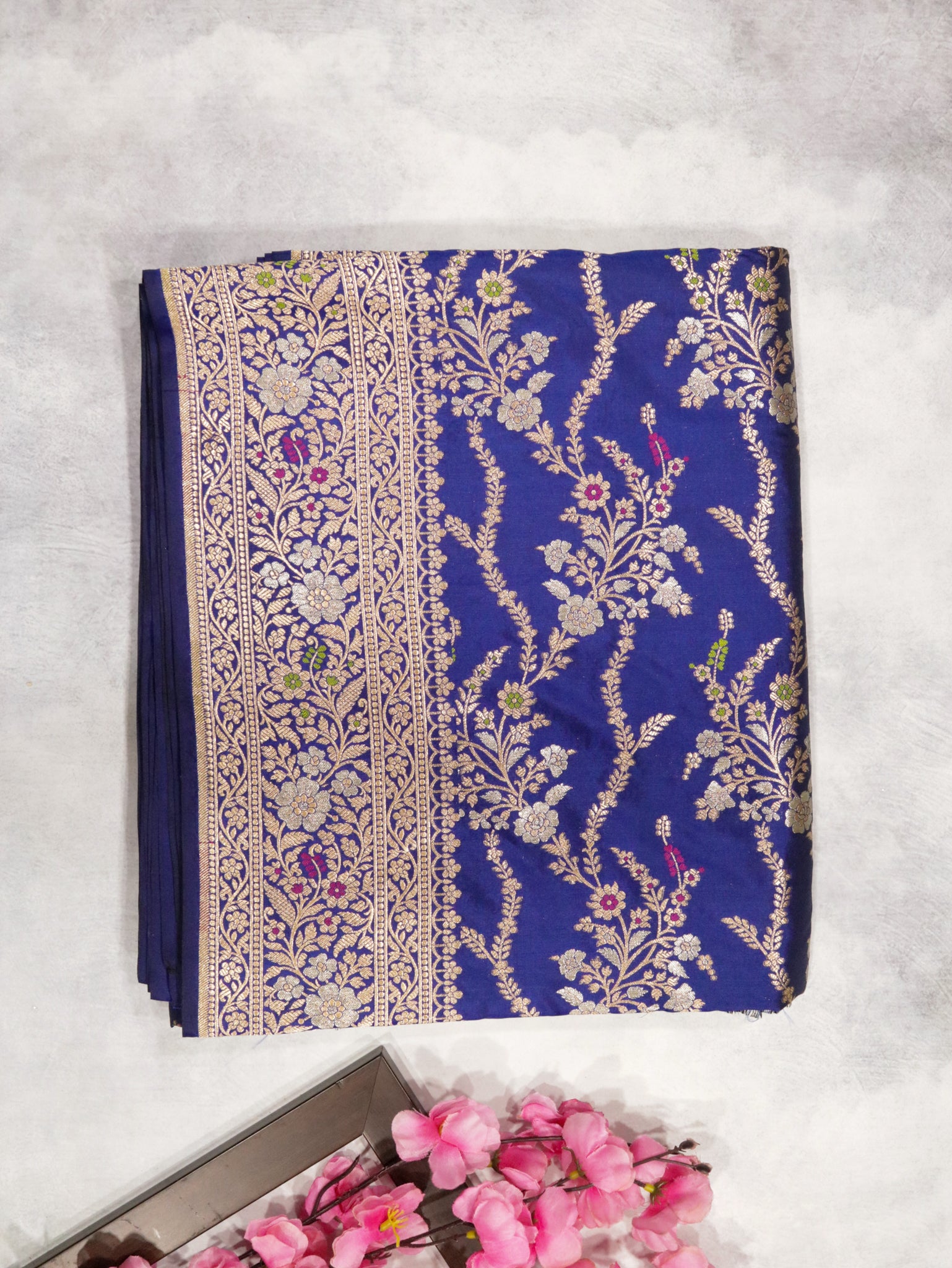 Ink Blue Banarasi Silk Saree with Zari Weaving & Meenakari Thread Work