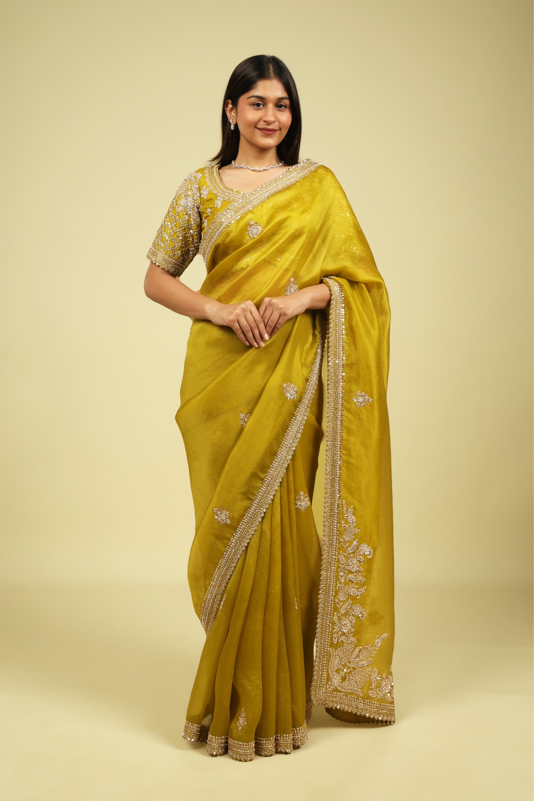 Lime Green Organza Saree with Zardoosi, Sequin Buttas & Embroidered Border