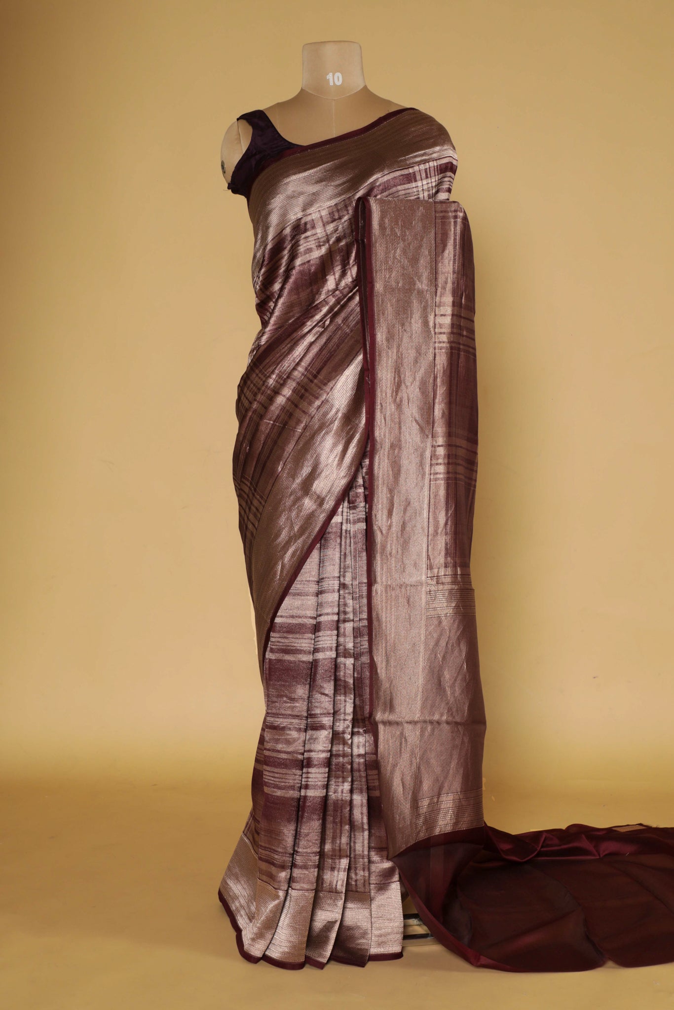 "Wine Banarasi Kora Silk Saree with Self Zari Checks & Zari Border** "