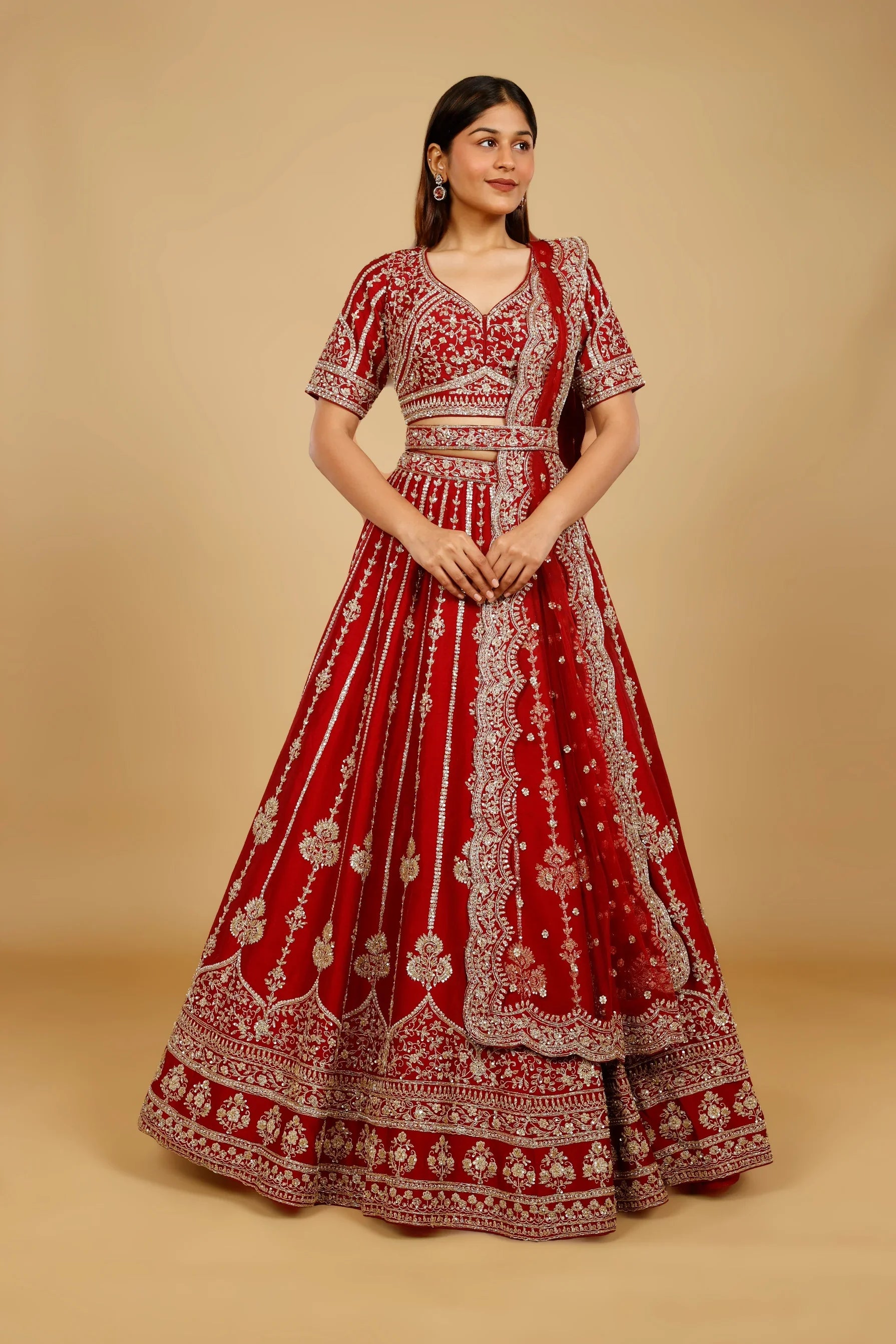 Maroon Raw Silk Bridal Lehenga Set with Zari, Sequin & Pearl Embroidery
