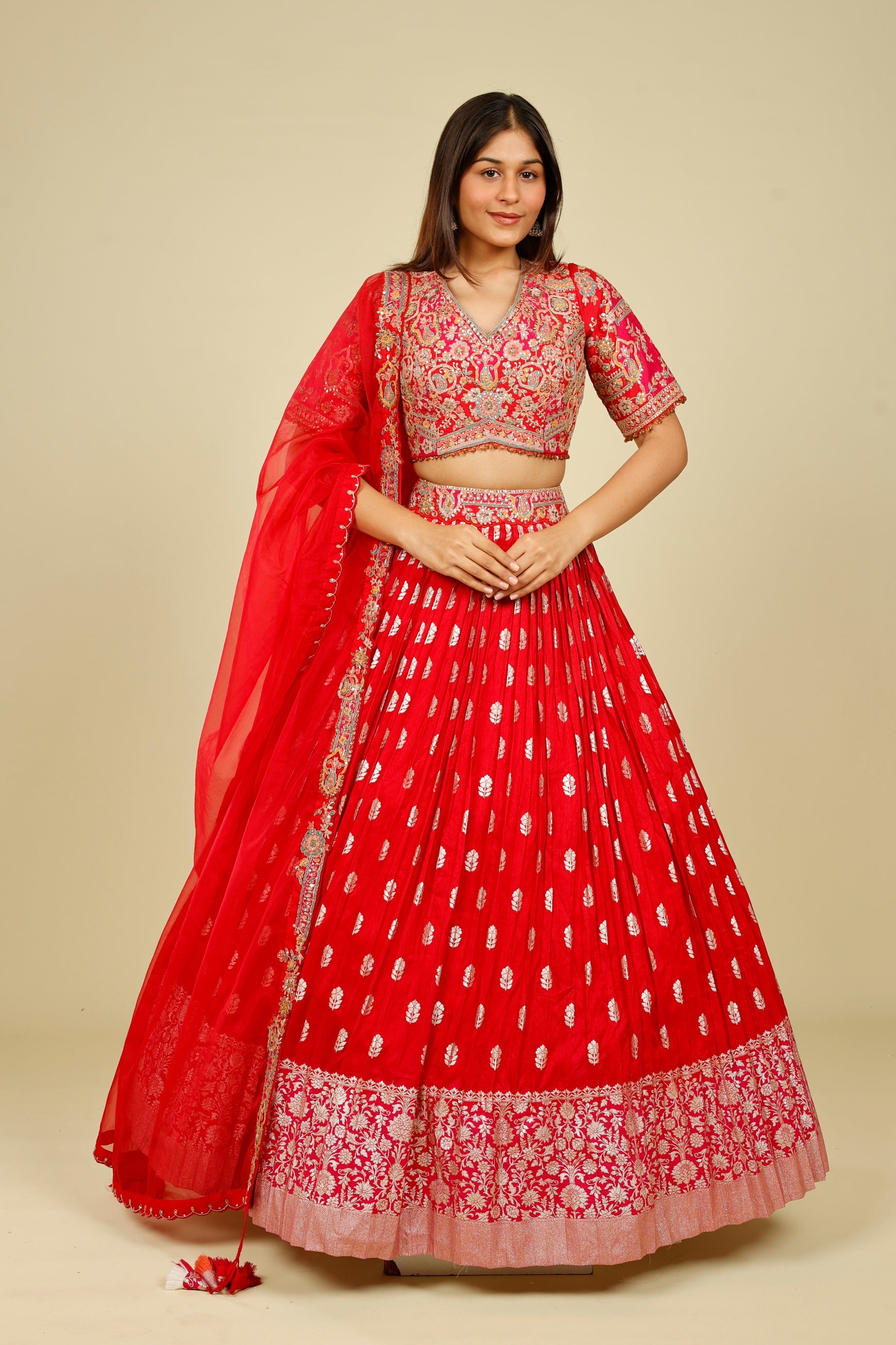 Red & Pink Banarasi Silk Lehenga Set with Zari & Sequin Embroidery | Mokshaa