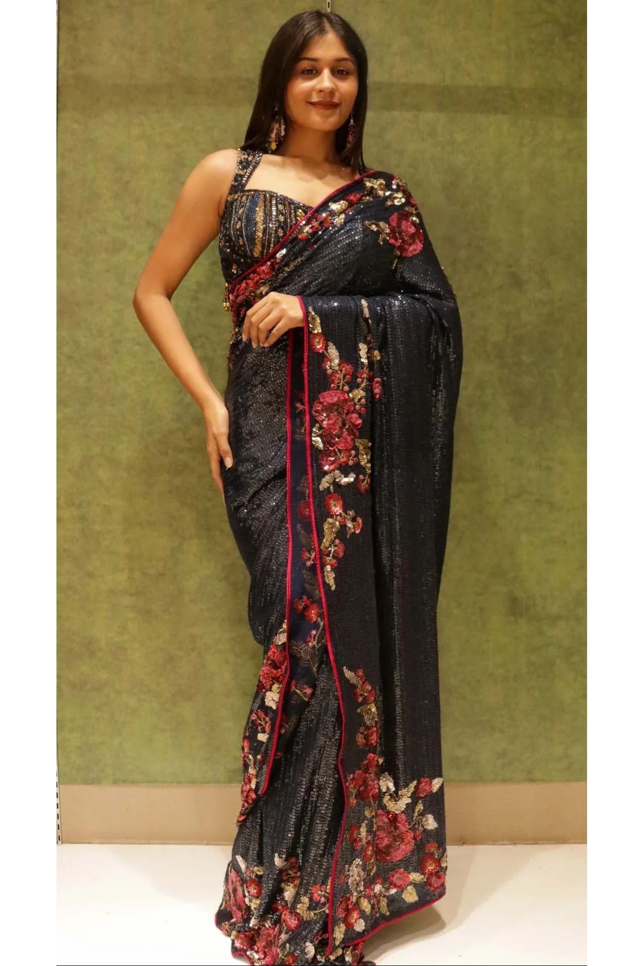 Navy Blue Georgette Saree with All-Over Sequins & Multicolour Sequin Border - Mokshaa