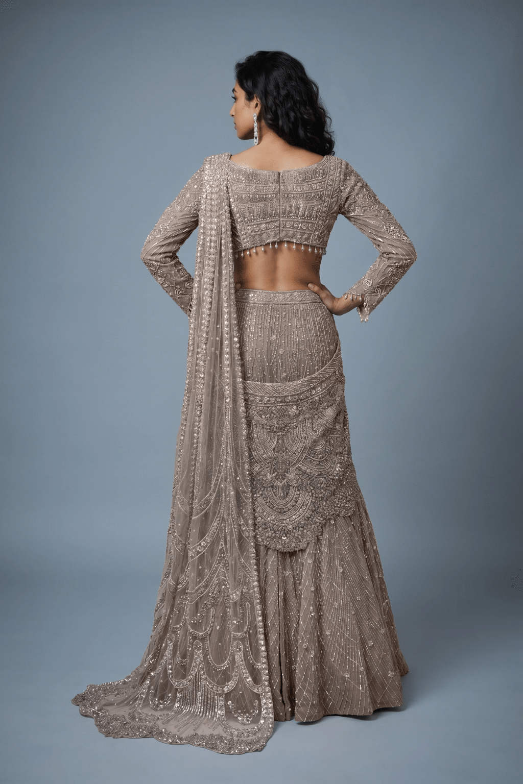 Taupe Grey Embellished Drape Saree