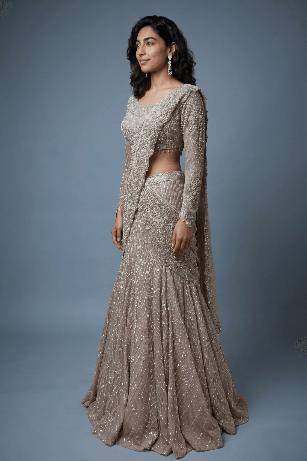 Taupe Grey Embellished Drape Saree