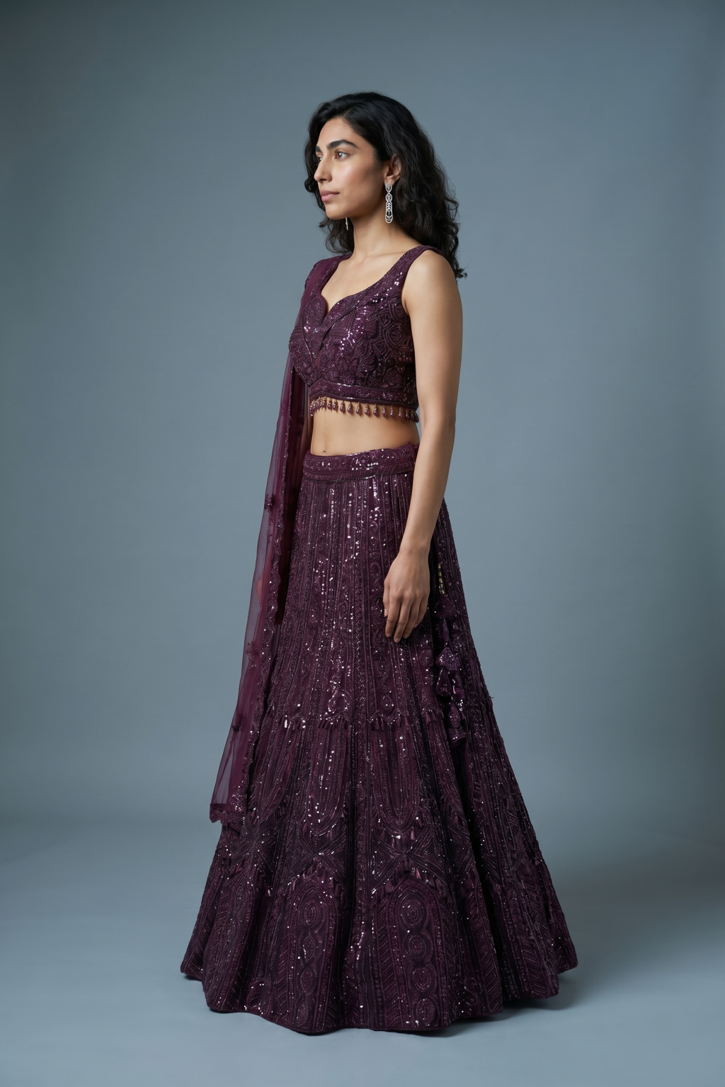 Wine Net Lehenga with Beads & Sequins Embroidery and Net Dupatta