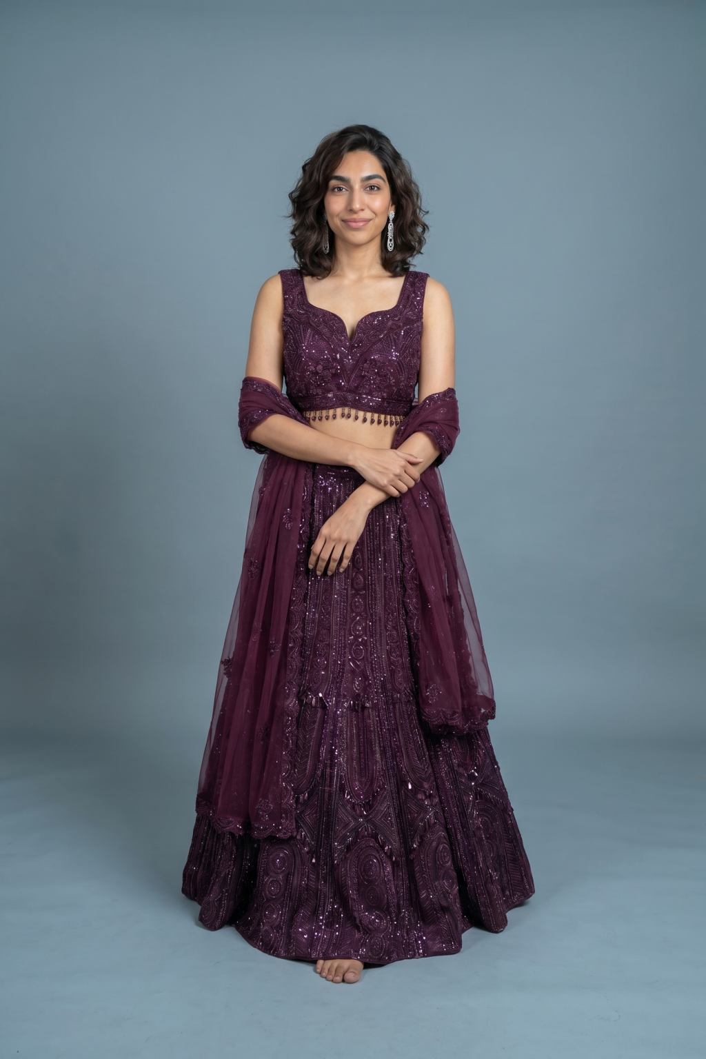 Wine Net Lehenga with Beads & Sequins Embroidery and Net Dupatta