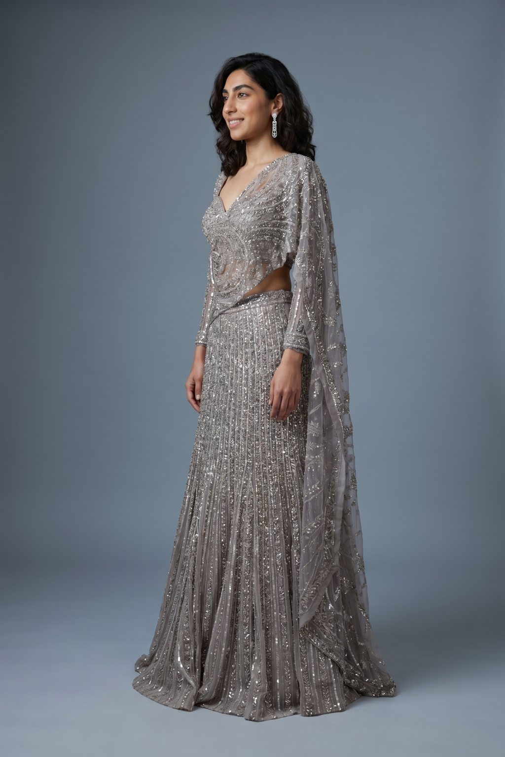 Grey Net Lehenga Saree with Stone, Pearl, Sequins & Zari Embroidery