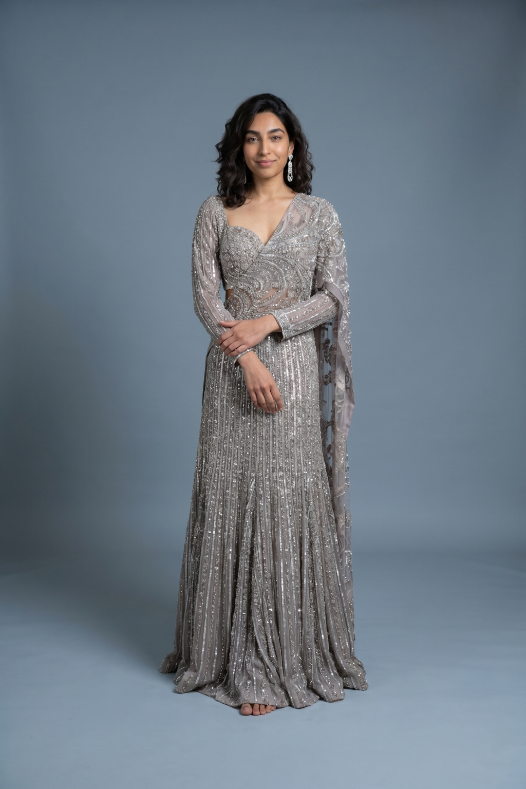 Grey Net Lehenga Saree with Stone, Pearl, Sequins & Zari Embroidery