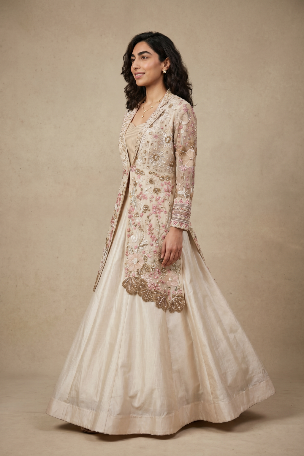 Ivory Silk Indo-Western Ensemble with Floral Embroidery Jacket