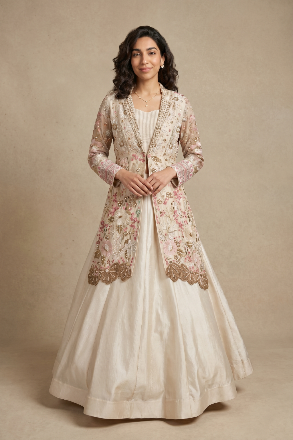 Ivory Silk Indo-Western Ensemble with Floral Embroidery Jacket