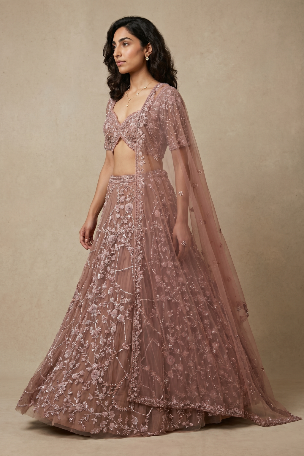 Onion Pink Net Lehenga with Sequin, Kardhana & Stone Embroidery