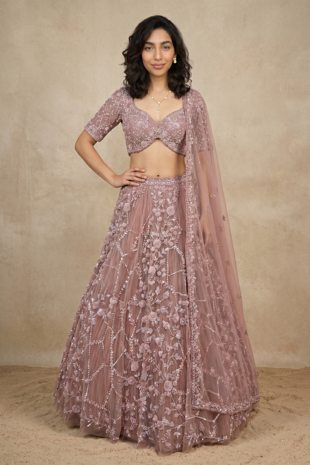 Onion Pink Net Lehenga with Sequin, Kardhana & Stone Embroidery